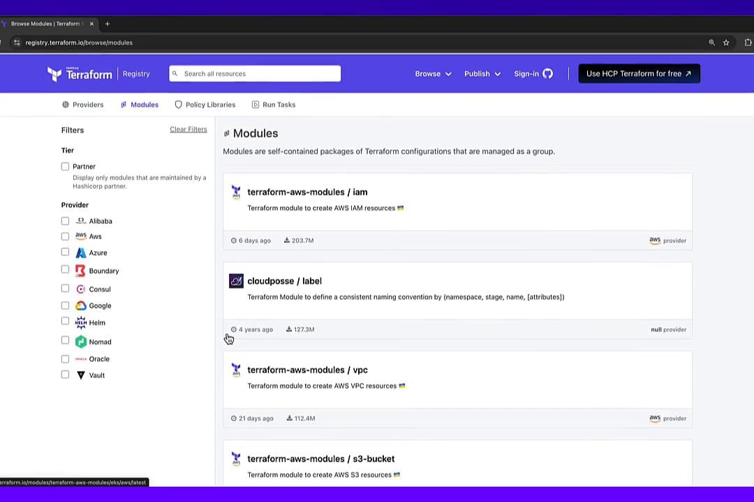 A browser screenshot of the Terraform Registry showing a list of modules (e.g., terraform-aws-modules/iam, cloudposse/label, terraform-aws-modules/vpc) with provider filters in a left sidebar. The page has a purple header with search and navigation controls.