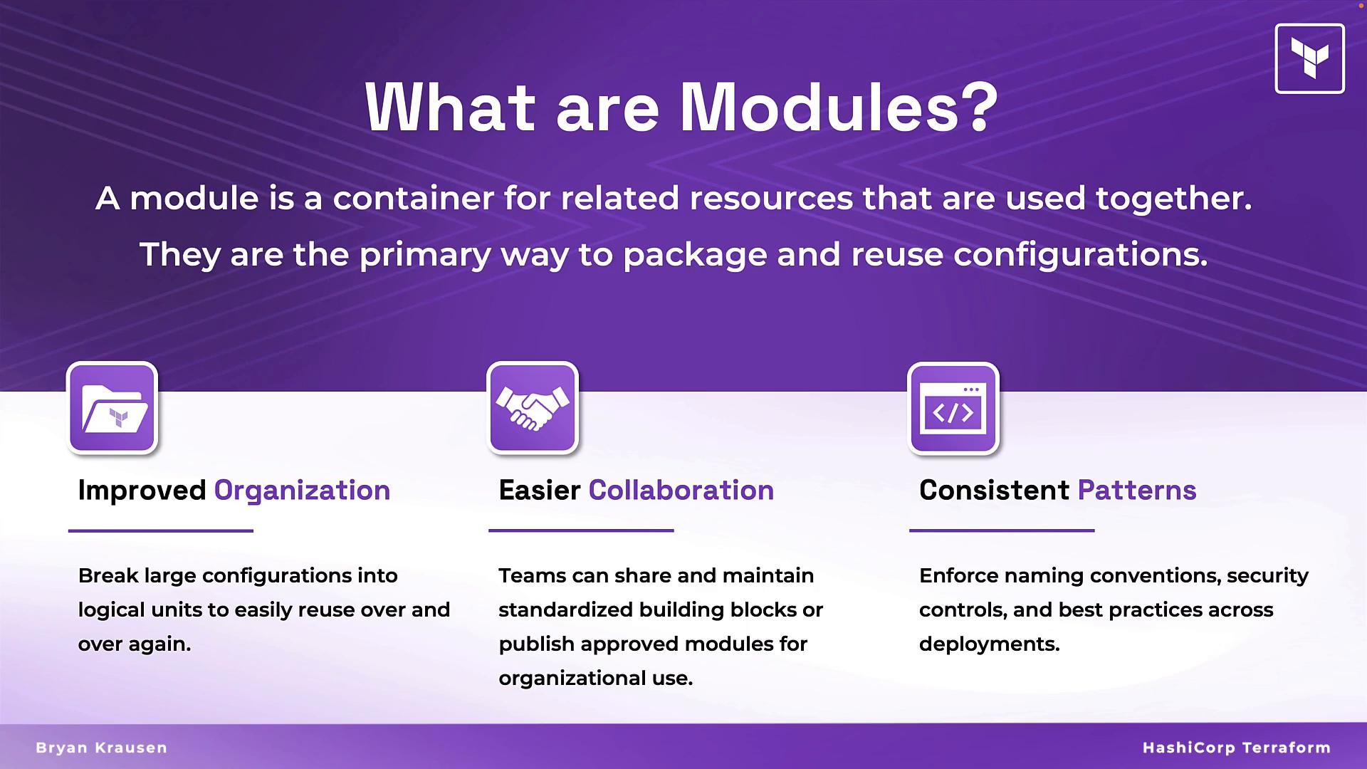 A purple HashiCorp Terraform slide titled "What are Modules?" defining a module as a container for related resources and noting benefits like improved organization, easier collaboration, and consistent patterns.
