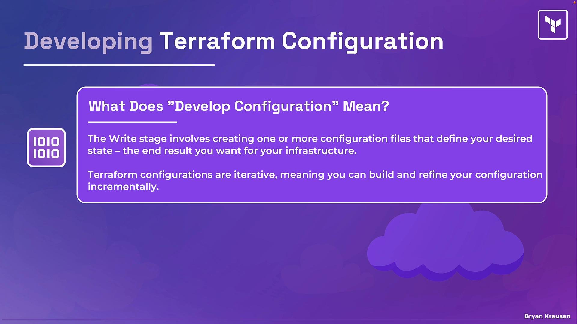 A purple slide titled "Developing Terraform Configuration" that explains "What Does 'Develop Configuration' Mean?" and describes writing configuration files to define your desired infrastructure state. The slide features a cloud graphic, a binary icon, and notes that Terraform configurations are iterative and can be refined incrementally.