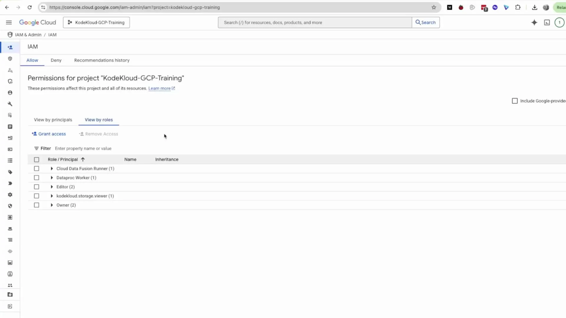 A screenshot of the Google Cloud Console IAM page showing permissions for the project "KodeKloud-GCP-Training," with tabs to view roles and options to grant or remove access. The roles listed include Cloud Data Fusion Runner, Dataproc Worker, Editor, kodekloud.storage.viewer, and Owner.