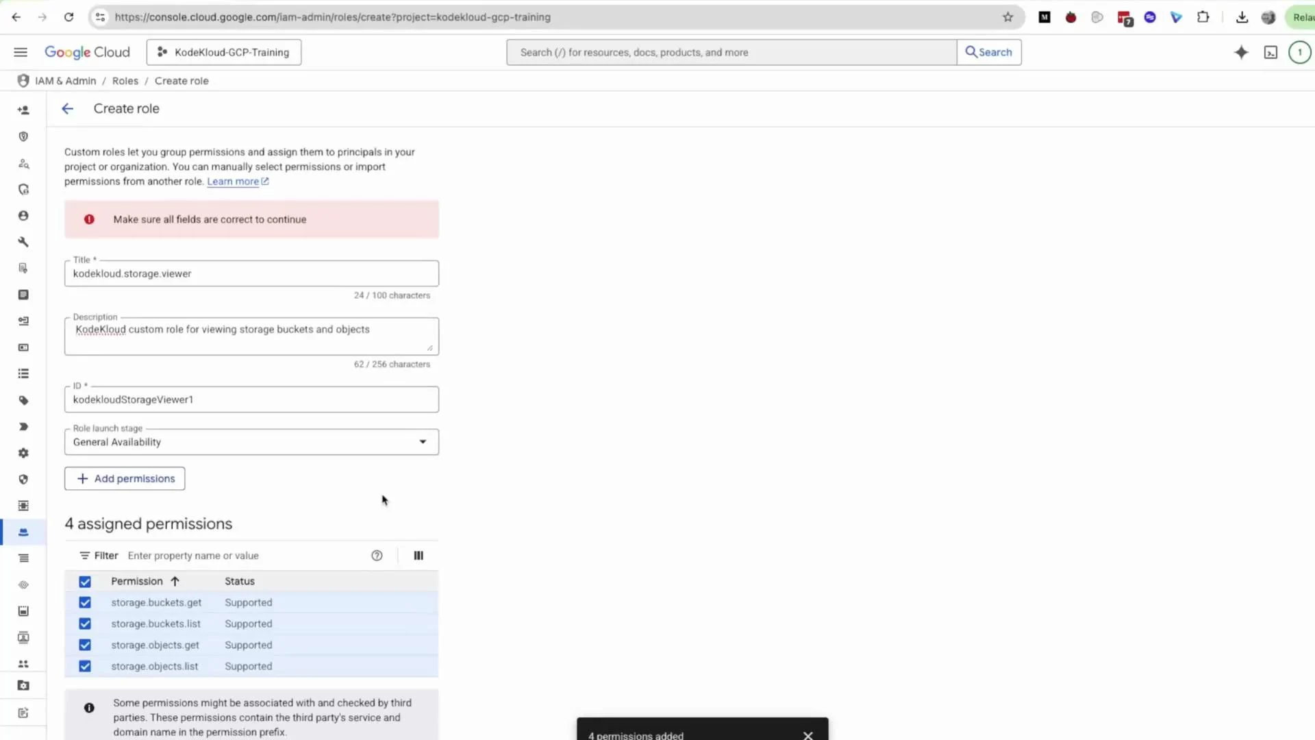 A screenshot of the Google Cloud Console IAM "Create role" page with a custom role named "kodekloud.storage.viewer" being created. The form is populated and shows four selected storage permissions (storage.buckets.get, storage.buckets.list, storage.objects.get, storage.objects.list).
