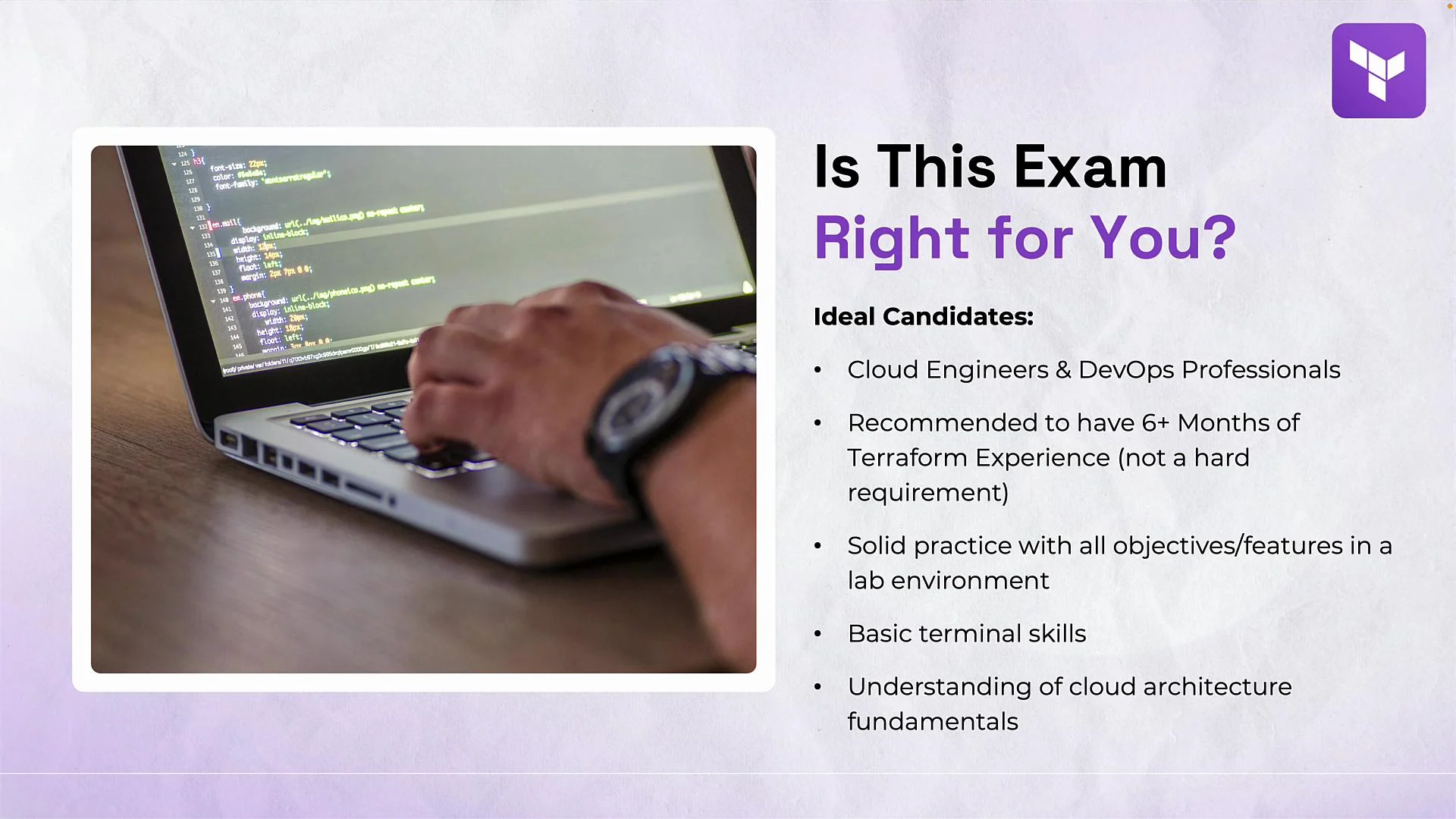 The image shows a person working on a laptop with code on the screen, alongside text describing the ideal candidates for an exam: Cloud Engineers, DevOps Professionals, and others with related skills and experience.