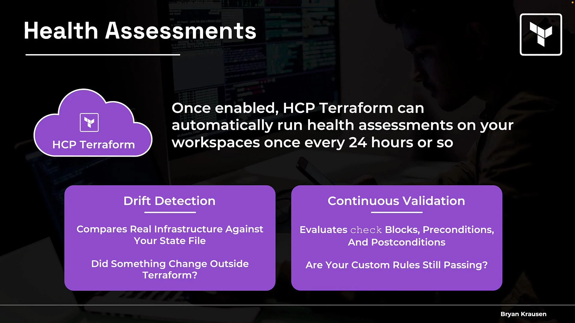 The image is an informational graphic about HCP Terraform's automatic health assessments, including drift detection and continuous validation features for infrastructure management.