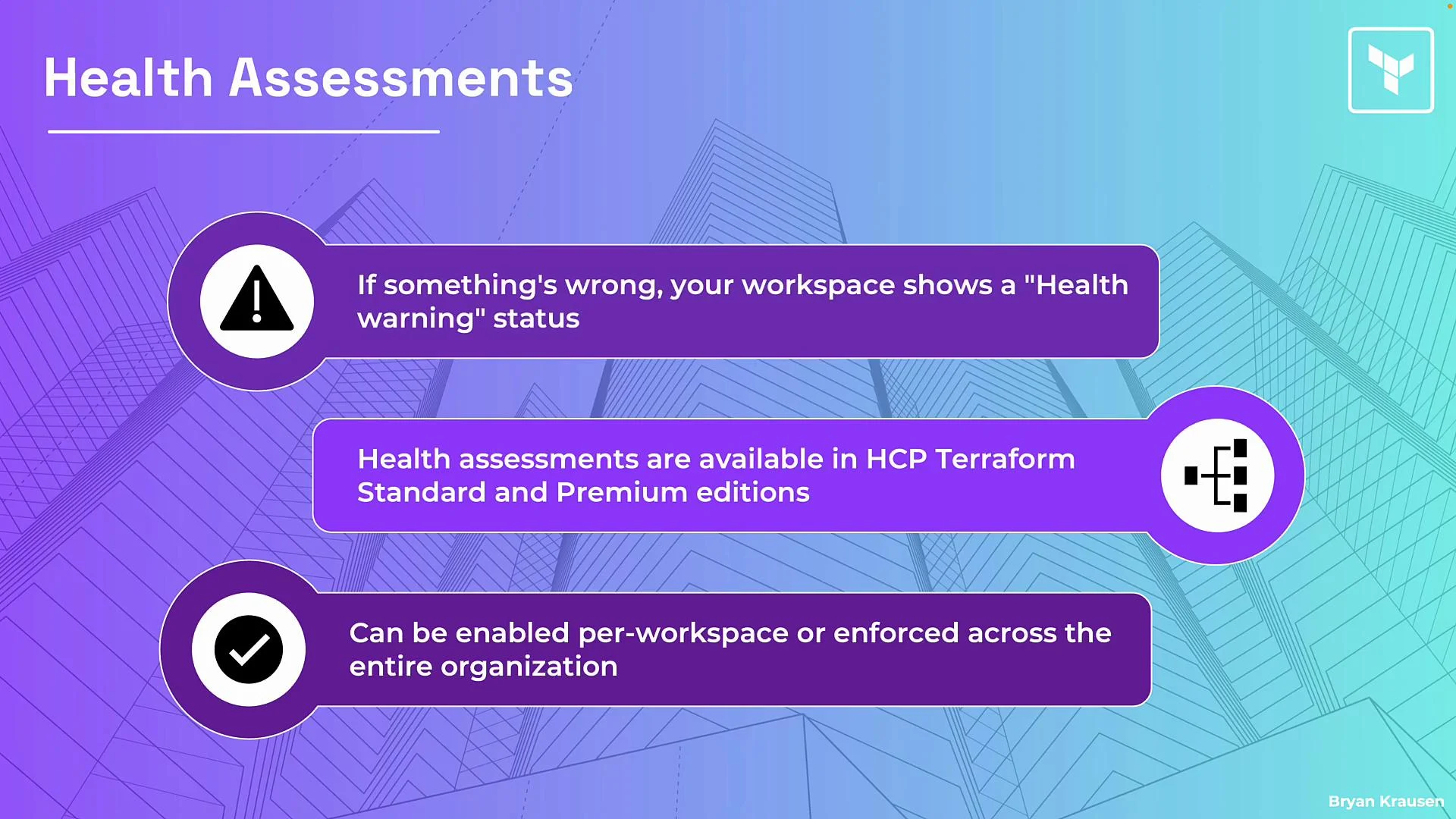 The image outlines features of health assessments in HCP Terraform, explaining warning statuses, edition availability, and configuration options. It includes three main points set against a purple and blue gradient background with geometric patterns.