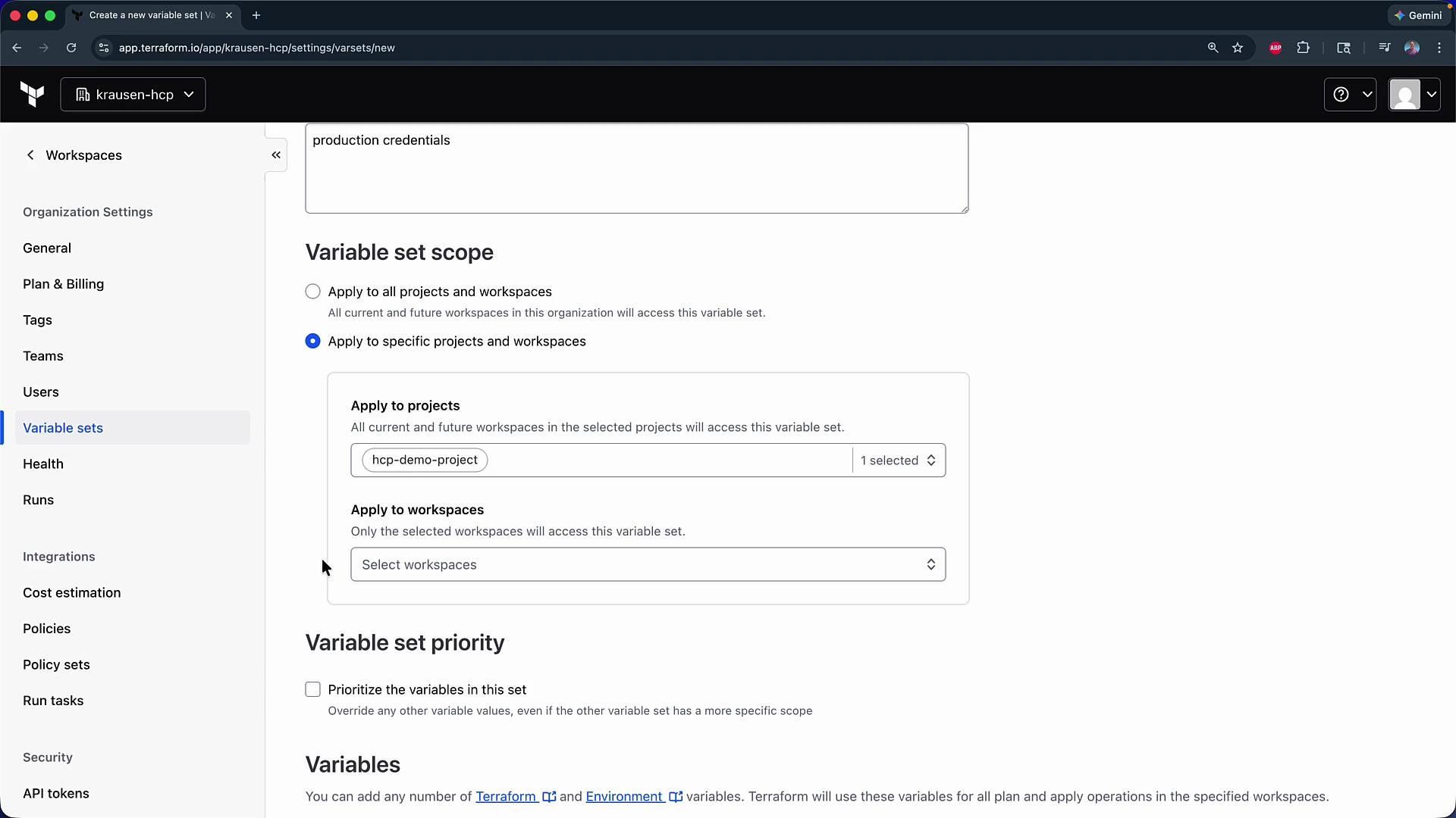 The image shows a web interface for creating a new variable set in Terraform Cloud. It includes options to apply the variable set to specific projects and workspaces.
