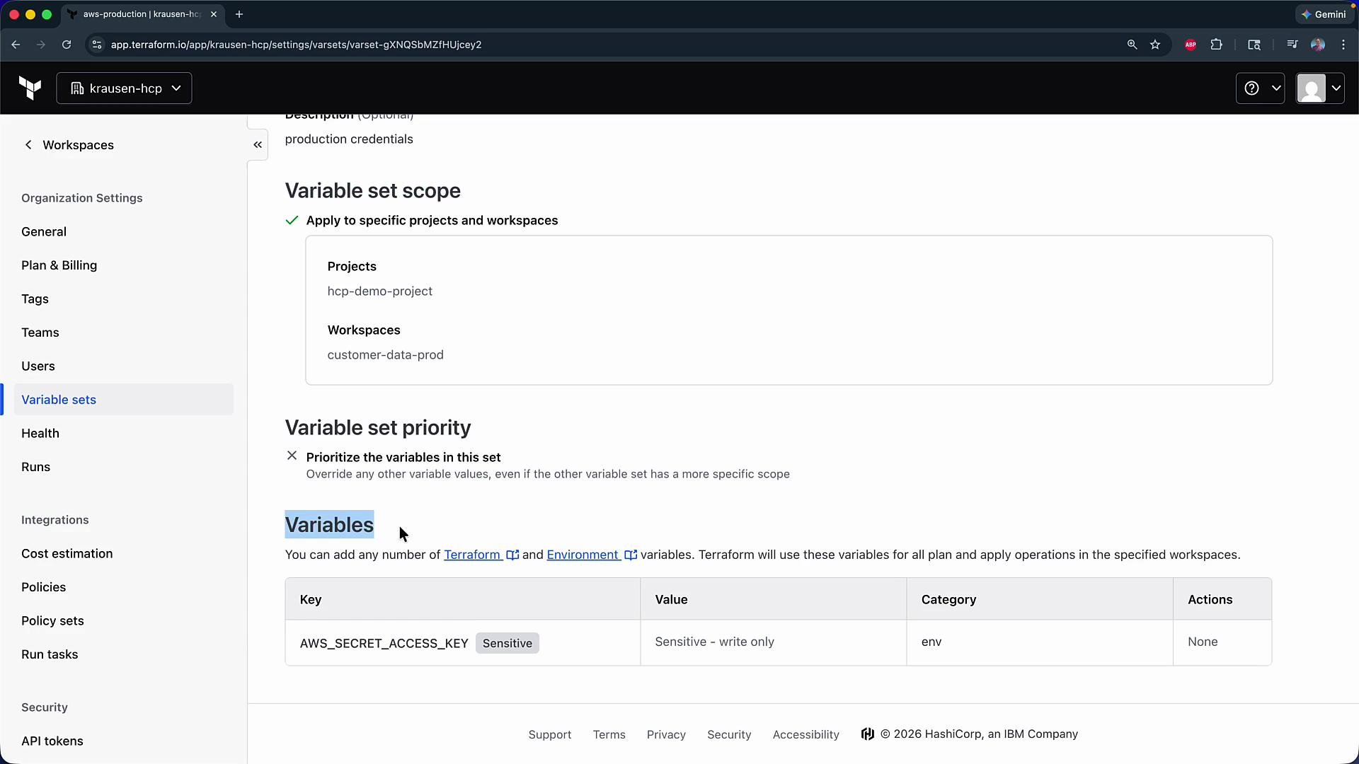 The image shows a Terraform Cloud settings page for variable sets, specifically focusing on variable set scope and priority, with an example of a sensitive access key variable.