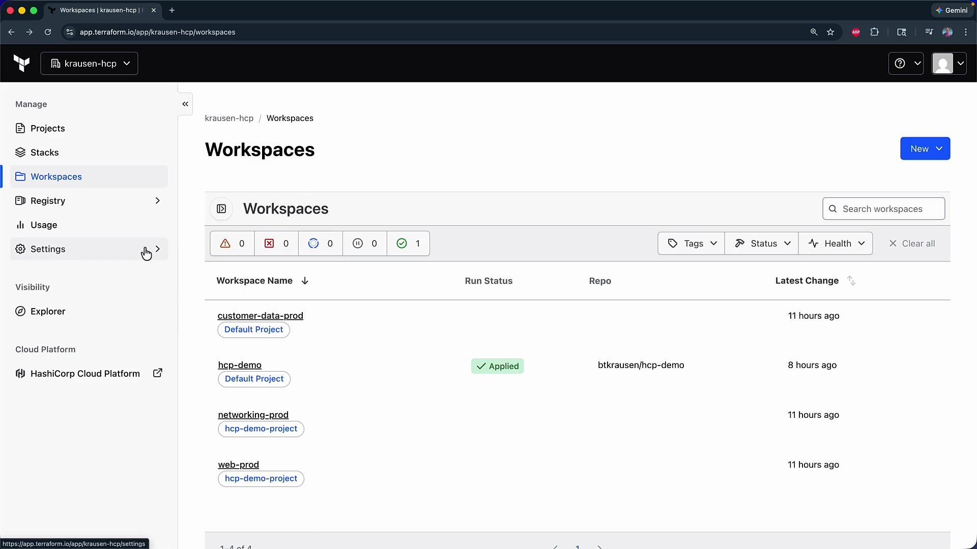 The image shows a Terraform Cloud interface displaying a list of workspaces, their run status, associated repositories, and latest change timestamps. The sidebar includes options for managing projects, stacks, registry, usage, and settings.