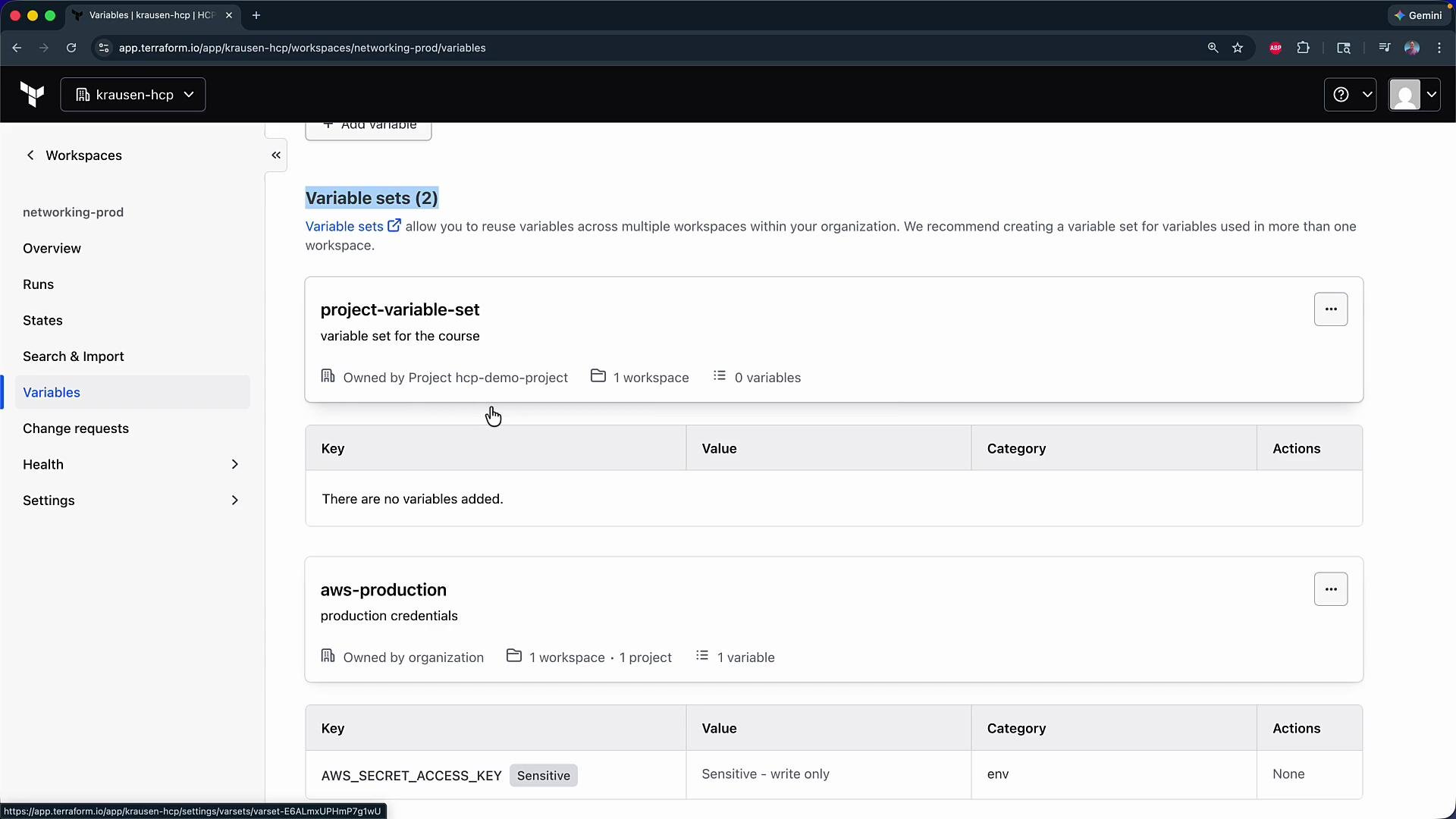 The image shows a web interface for managing variable sets in Terraform, displaying sections for "project-variable-set" with no variables added, and "aws-production" with sensitive AWS credentials.