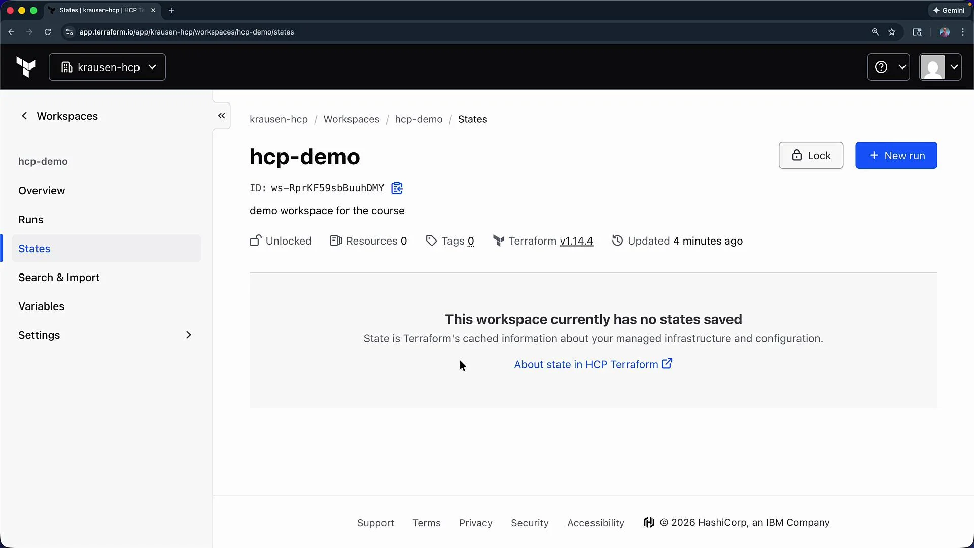 The image shows a Terraform workspace page titled "hcp-demo" with no saved states, indicating it is a demo workspace for a course. There are options for locking and creating a new run, with navigation on the left.
