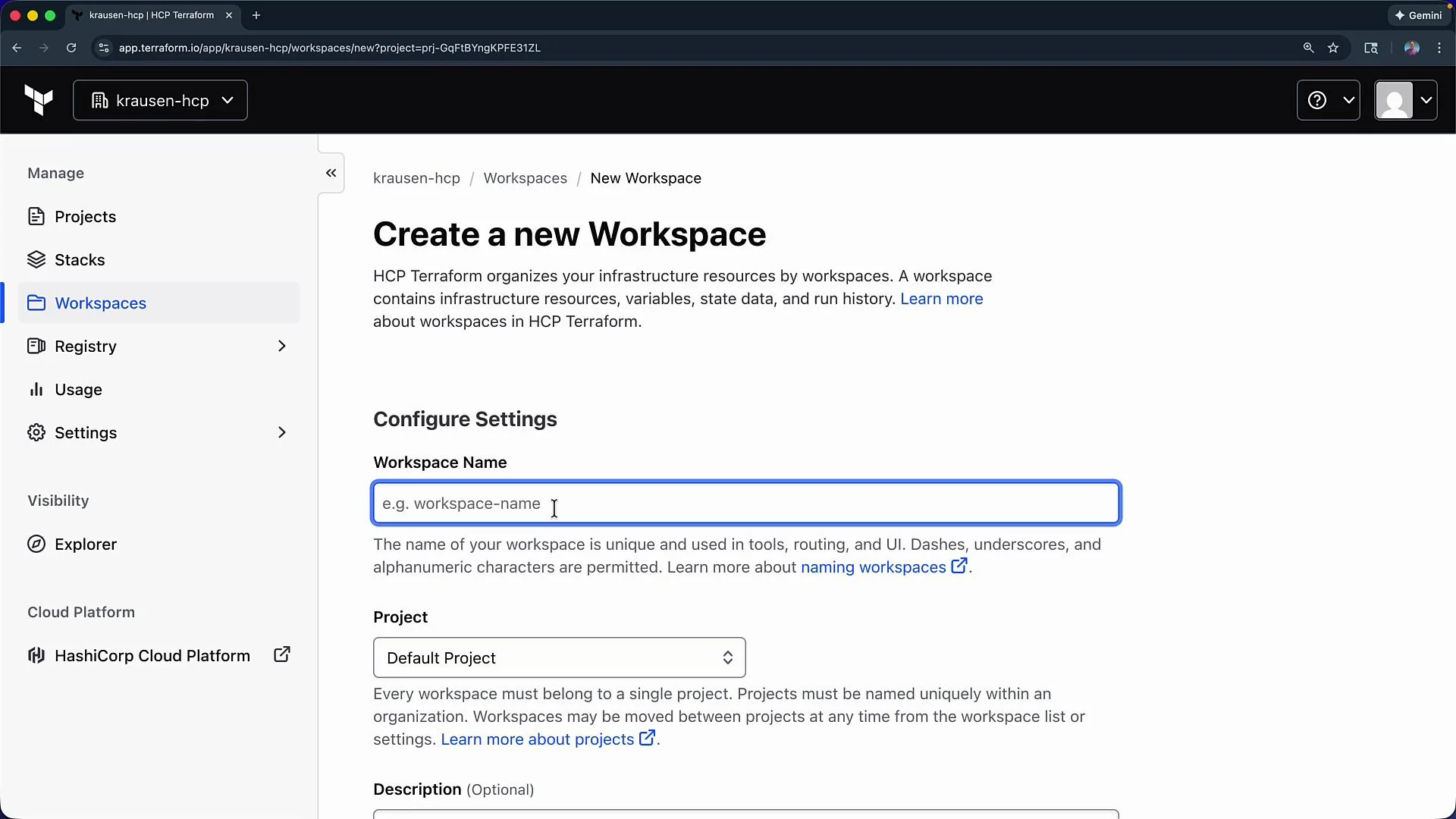 The image shows a web interface for creating a new workspace in HCP Terraform, with fields for entering a workspace name, selecting a project, and adding an optional description. The left sidebar includes navigation options like Projects, Stacks, and Registry.