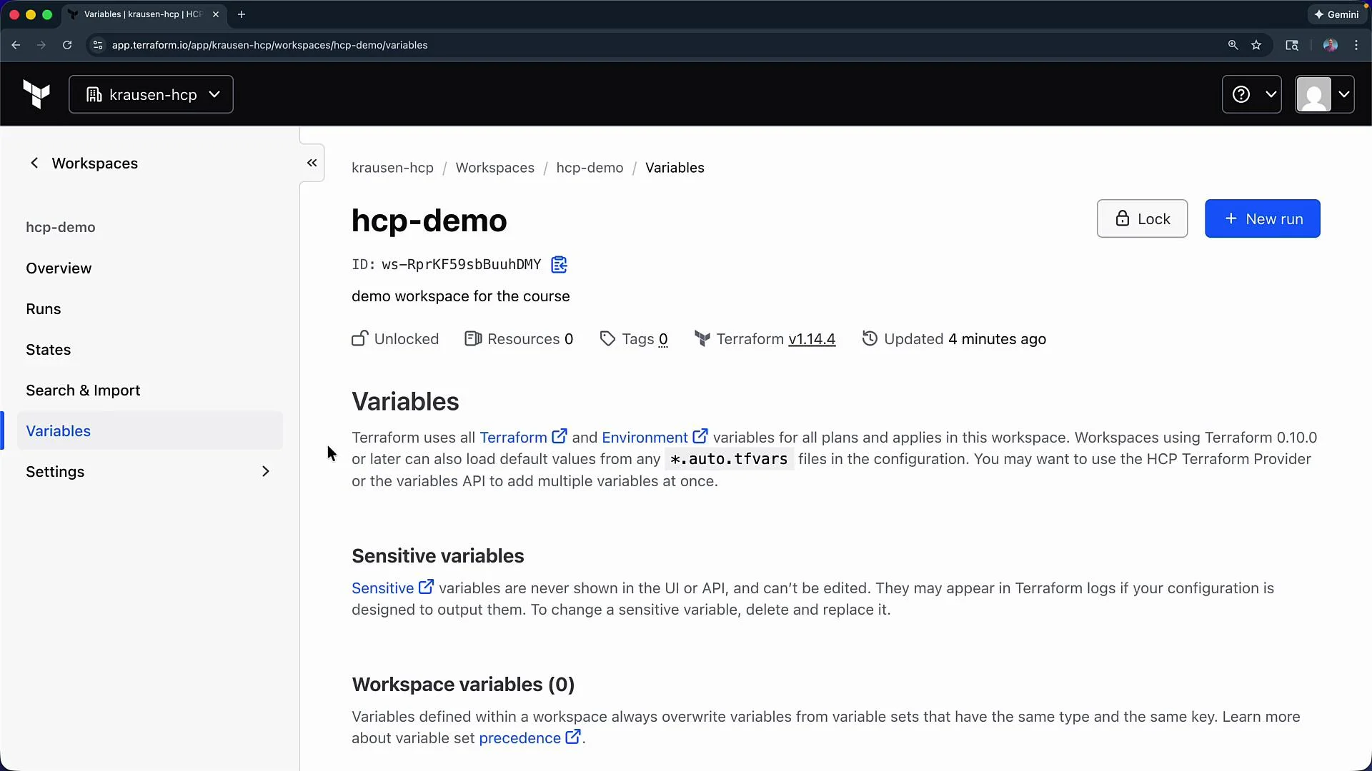 The image shows a web interface for HashiCorp's Terraform Cloud, specifically the "Variables" section of a workspace named "hcp-demo". It includes options for managing variables, running new tasks, and viewing sensitive variables.