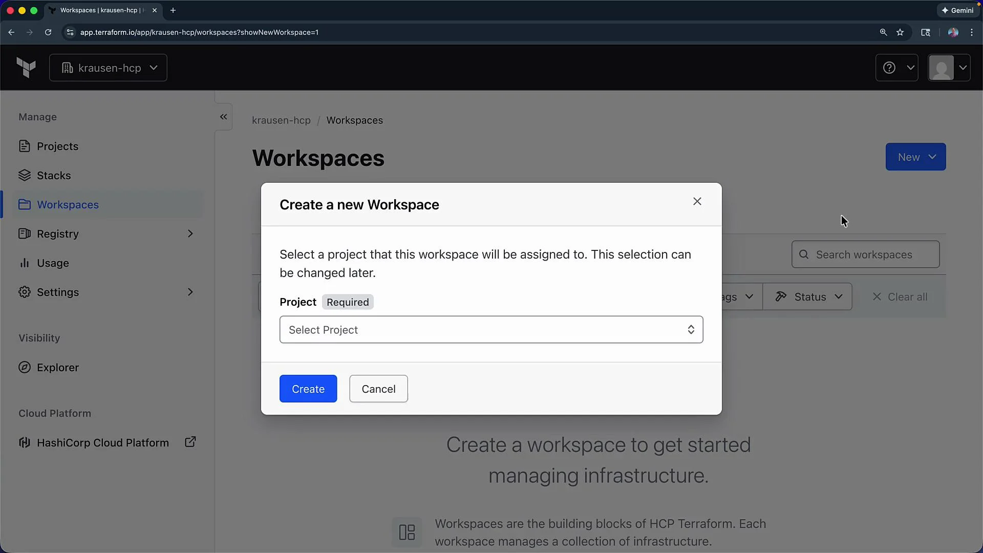 The image shows a web interface for creating a new workspace on a platform called Terraform. There's a pop-up asking to select a project for the workspace.