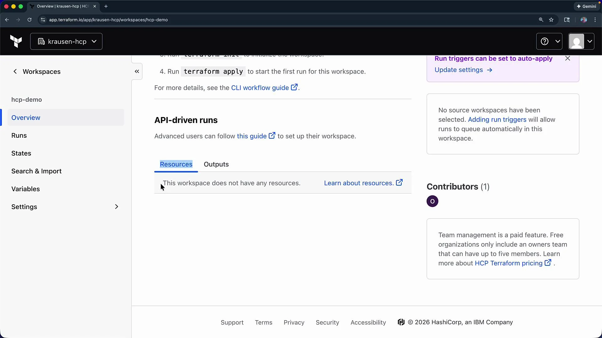 The image shows a web interface for a Terraform workspace named "hcp-demo" under the organization "krausen-hcp." The workspace has no resources and includes sections like API-driven runs, contributors, and a sidebar menu with various options.