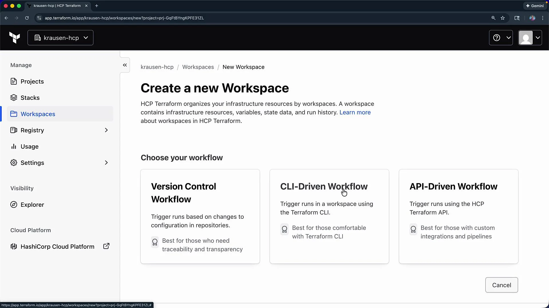 The image shows a Terraform interface for creating a new workspace, with options for different workflows: Version Control, CLI-Driven, and API-Driven. The left sidebar includes navigation options like Projects, Stacks, and Workspaces.