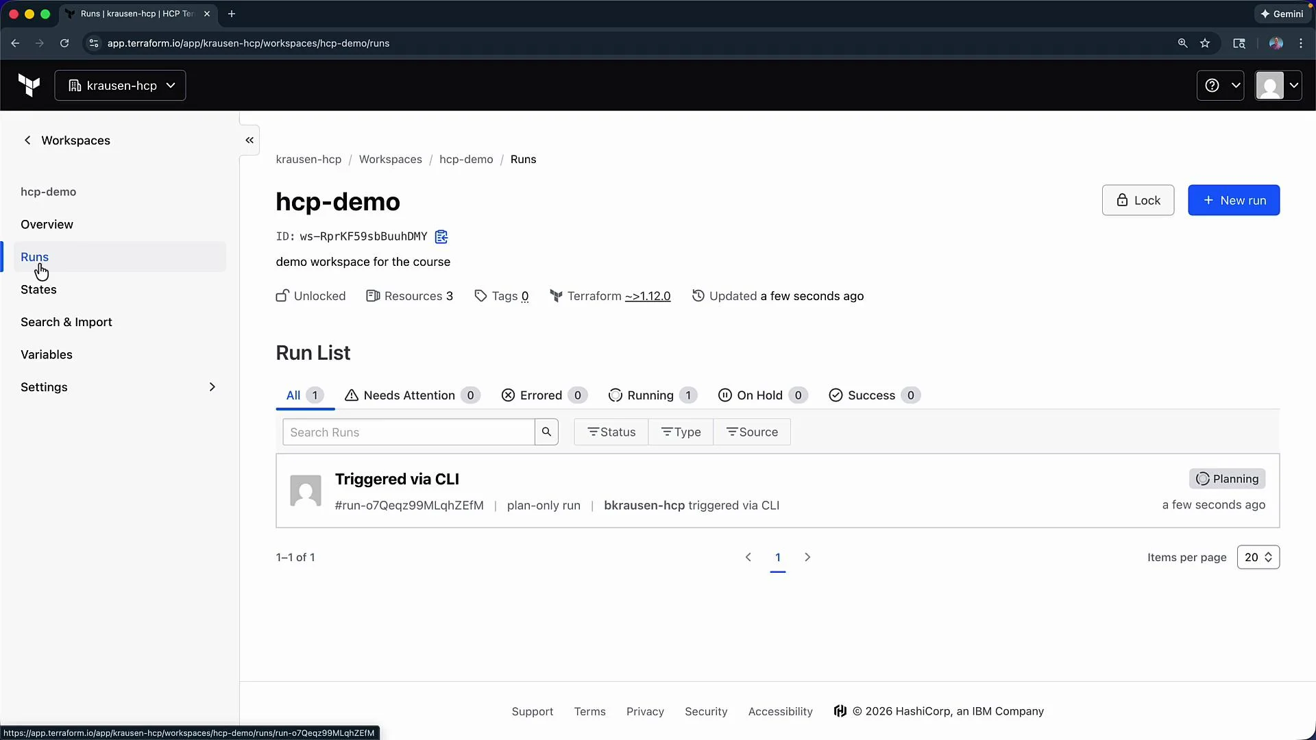 The image shows a Terraform Cloud workspace interface titled "hcp-demo," with options for managing runs, states, variables, and settings. A run triggered via CLI is listed under "Run List," with its status marked as "Planning."