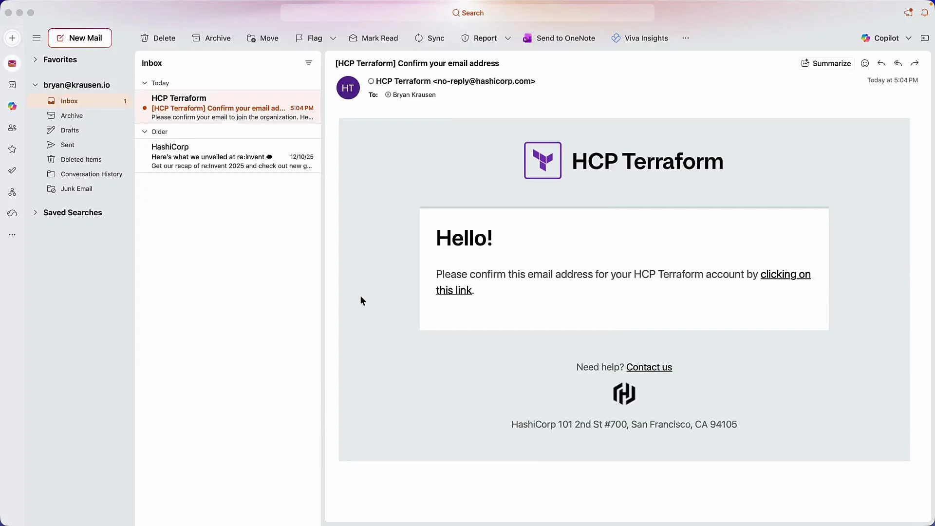 This image shows an email inbox with a highlighted email from HCP Terraform requesting email address confirmation. The email contains a prompt to confirm the email address by clicking a provided link.