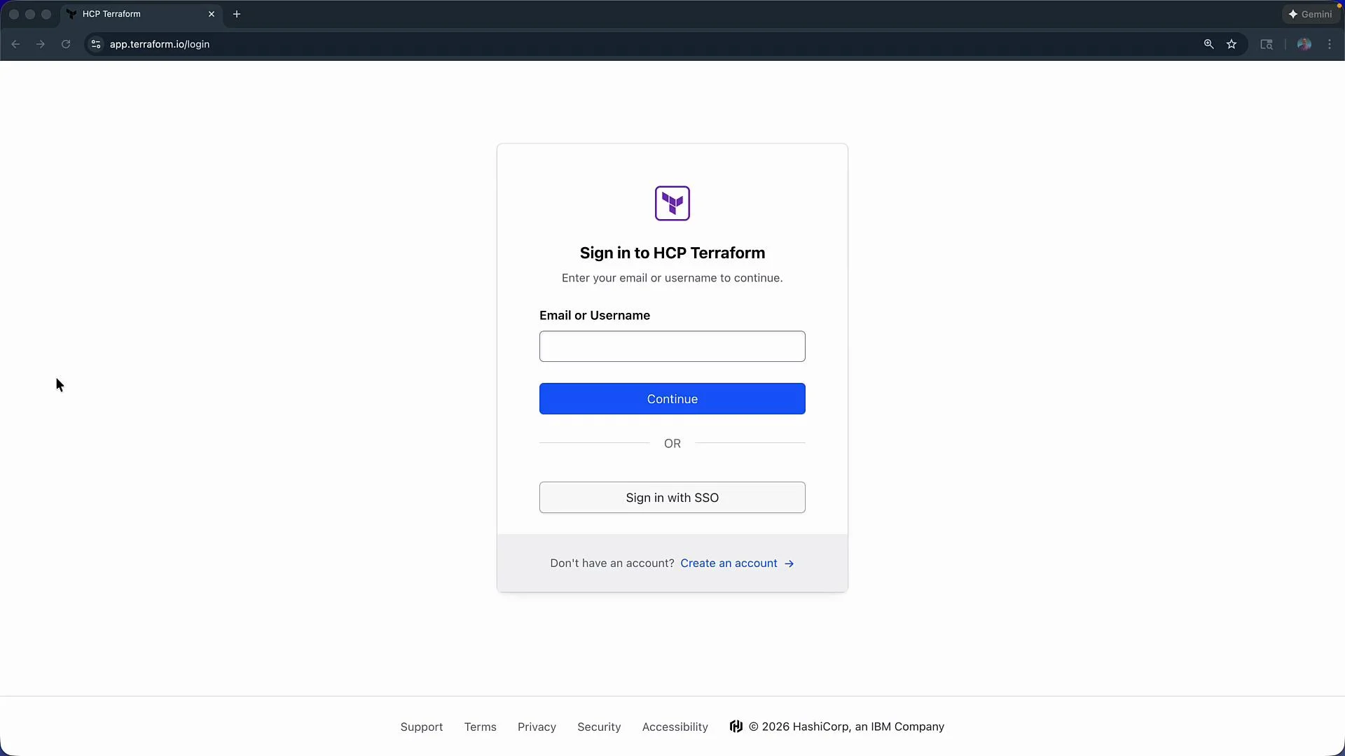 The image shows a login page for HCP Terraform, prompting users to enter an email or username to continue, with options for creating an account or signing in with SSO.
