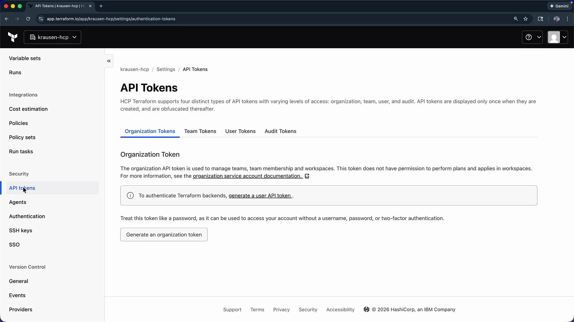 The image shows a webpage from HashiCorp's Terraform app, displaying the API Tokens settings page for managing organization tokens. It includes options to generate and use API tokens for different access levels.