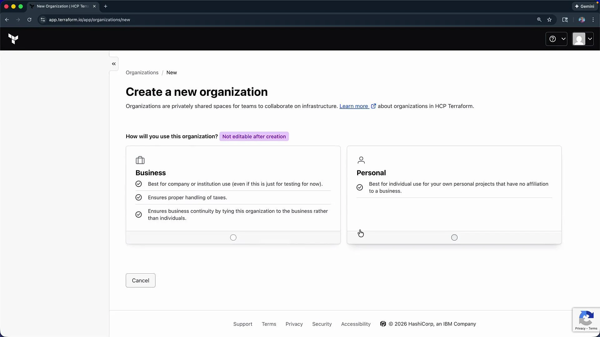 The image shows a webpage from Terraform where you can create a new organization, with options for "Business" or "Personal" use.