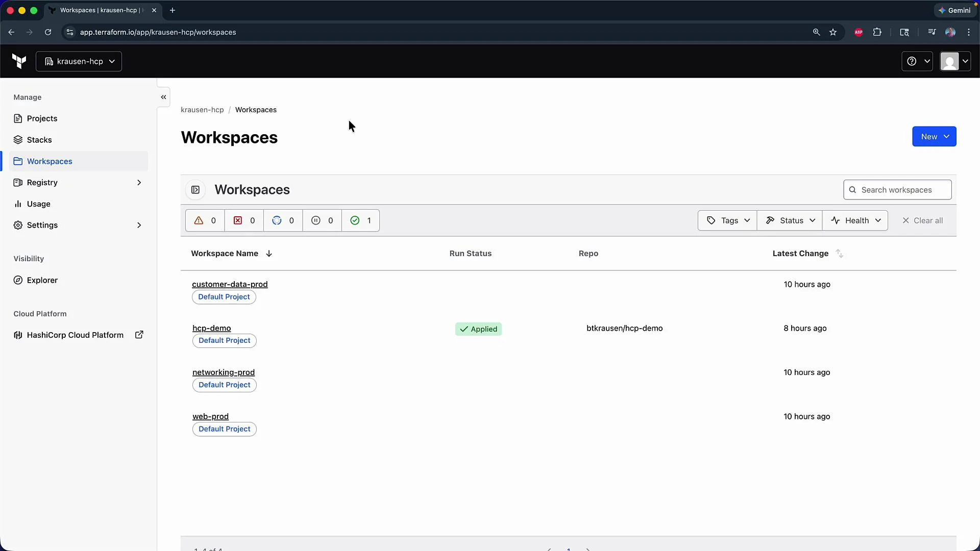 The image shows a web interface for HashiCorp’s Terraform Cloud displaying a "Workspaces" section with a list of workspace projects and their statuses.