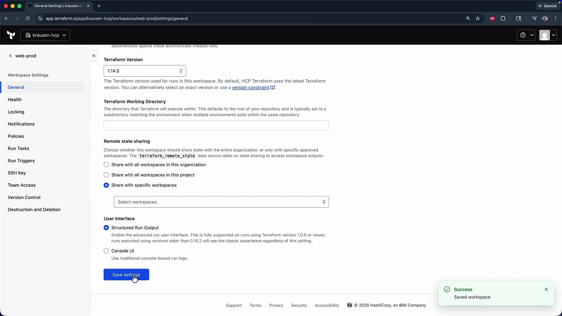 The image shows the General Settings page of a Terraform workspace in an application, with options for configuring the Terraform version, working directory, remote state sharing, and user interface. A notification confirms that settings have been successfully saved.