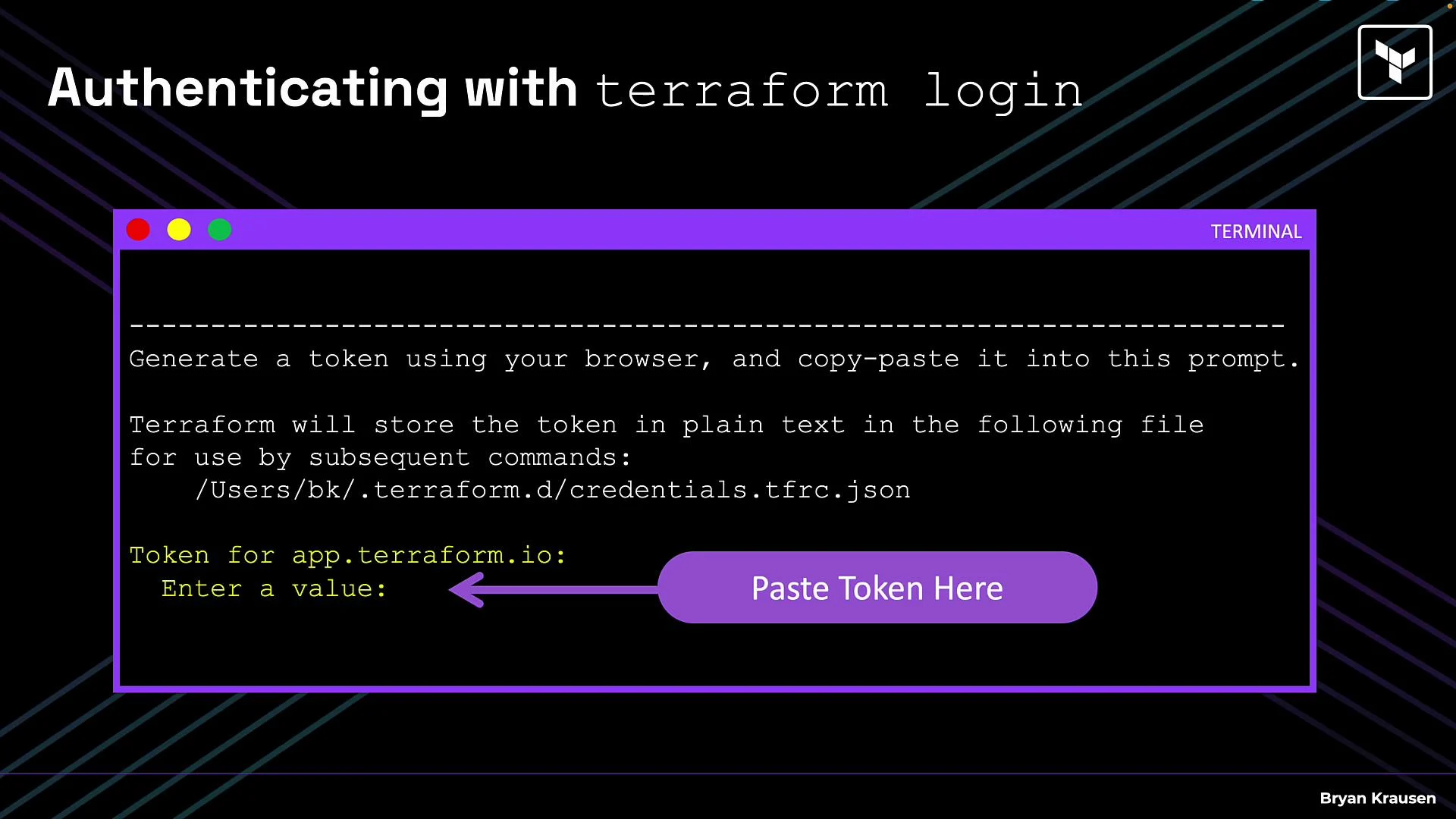 The image is a guide for authenticating with Terraform using a token, which must be copied and pasted into a provided prompt. It explains that the token will be stored in a specified file for use in subsequent commands.