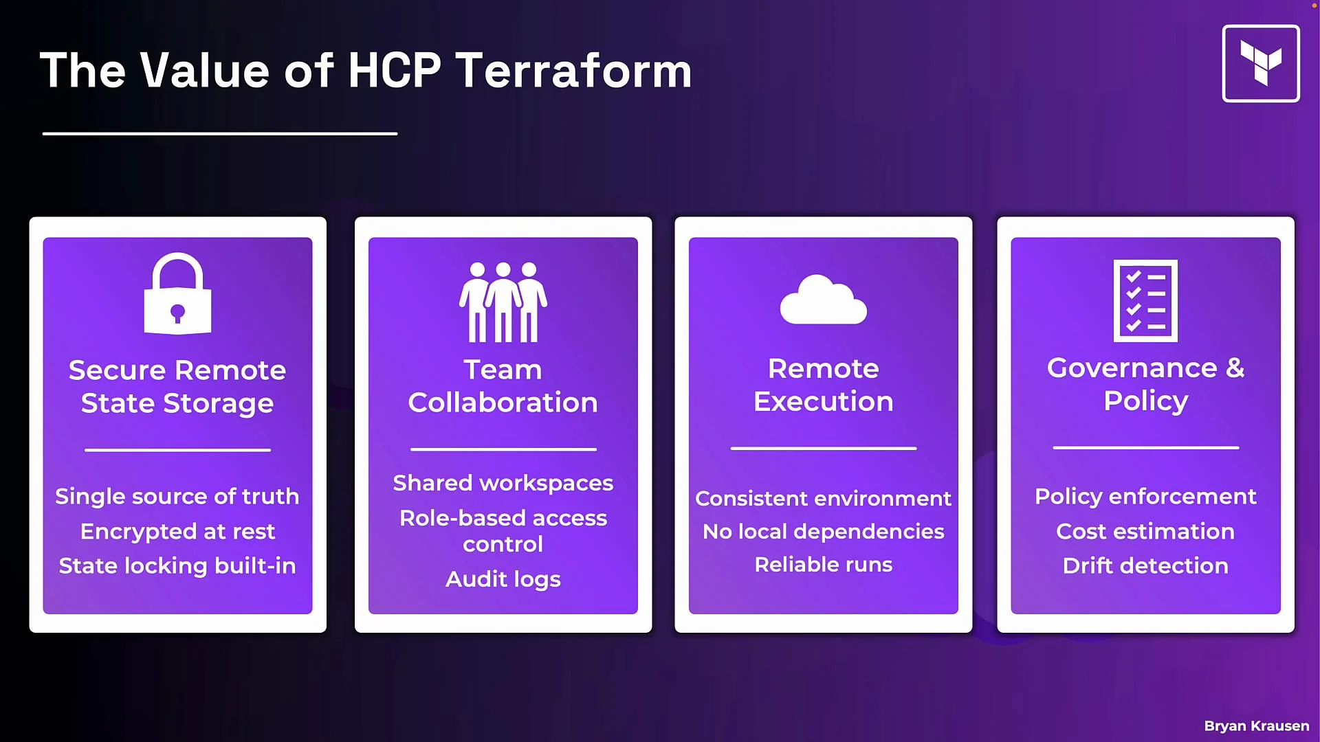 The image is an infographic titled "The Value of HCP Terraform," highlighting four benefits: secure remote state storage, team collaboration, remote execution, and governance & policy. Each benefit is briefly described with key features underneath.