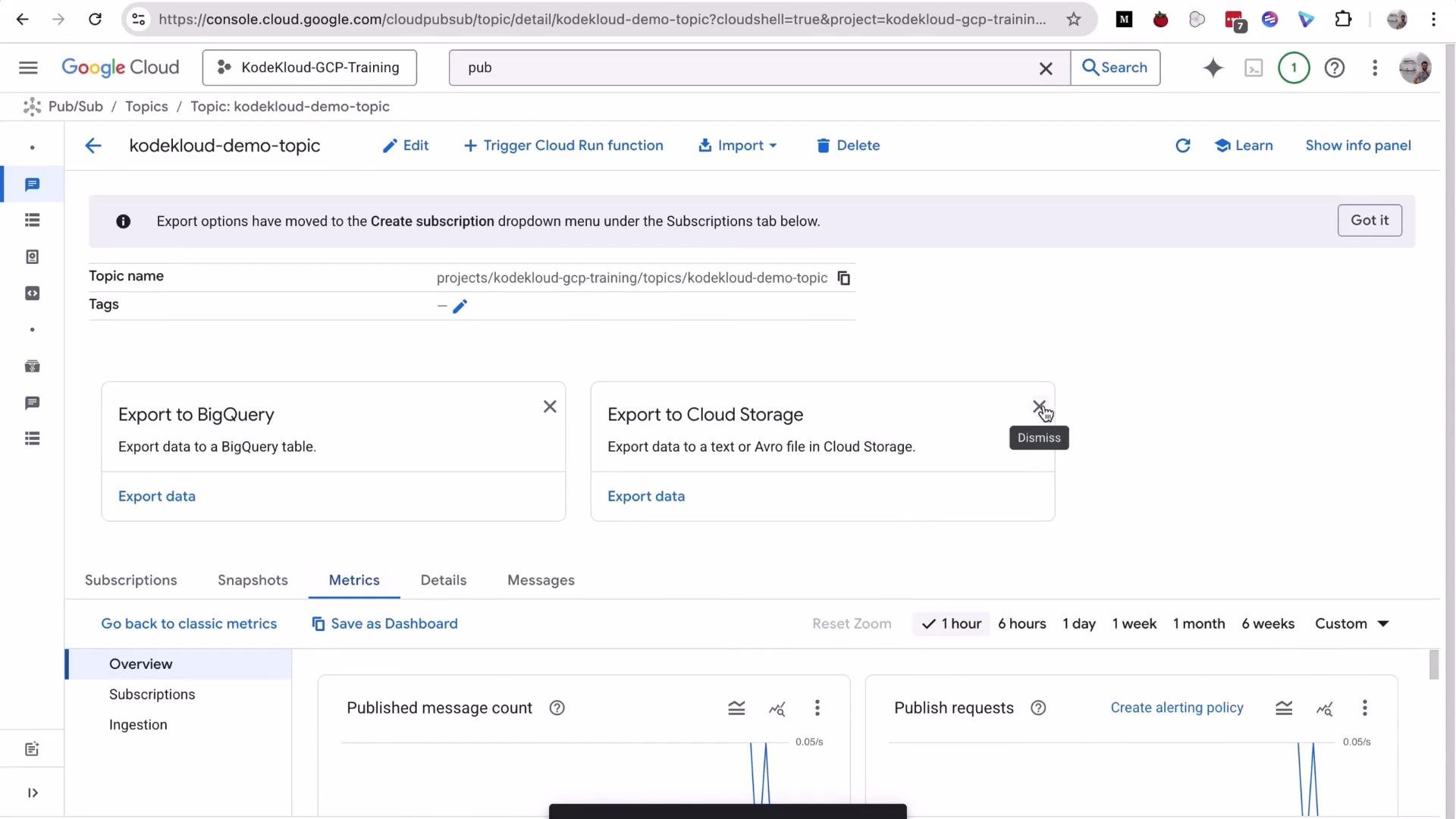 A Google Cloud Console Pub/Sub topic details page for "kodekloud-demo-topic." It shows export options to BigQuery and Cloud Storage and metrics panels (published message count, publish requests).