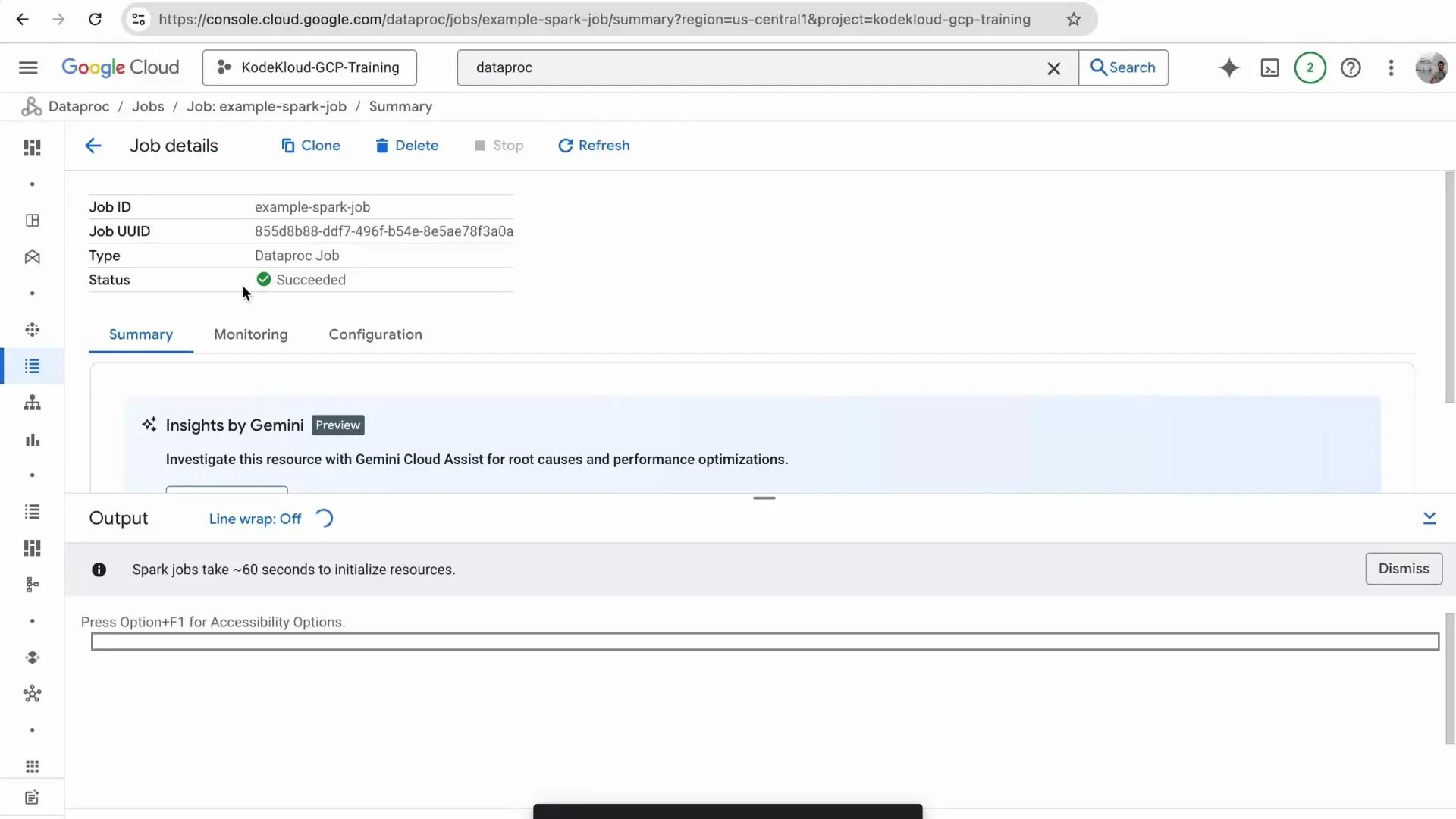 A Google Cloud Console Dataproc job details page showing a Spark job named "example-spark-job" with its Job UUID and a green "Succeeded" status. The Summary tab displays an "Insights by Gemini" preview and an Output panel with a note that Spark jobs take ~60 seconds to initialize.