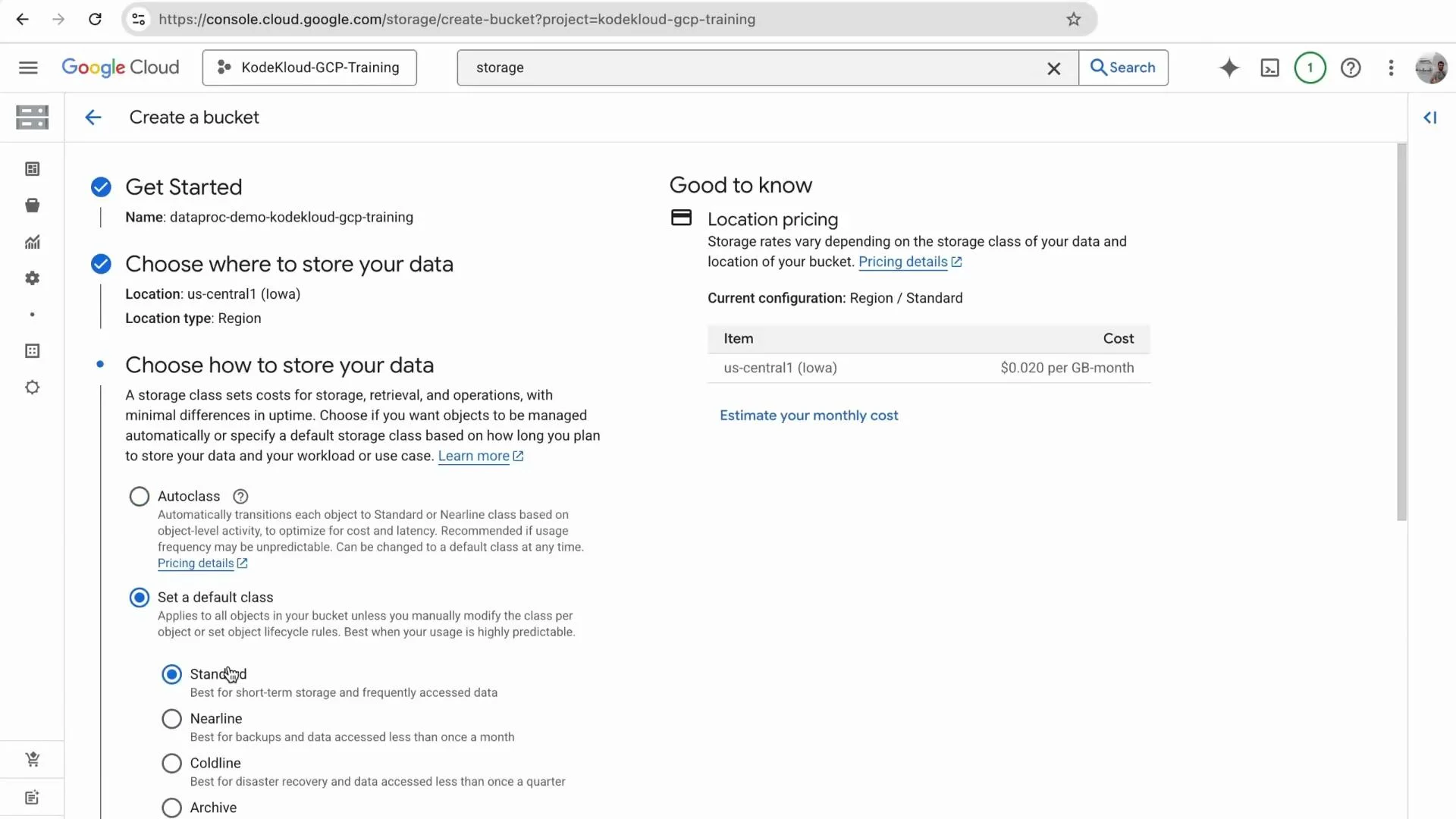 A screenshot of the Google Cloud Console "Create a bucket" page showing the selected location (us-central1 — Iowa), storage-class choices (Standard, Nearline, Coldline, Archive) and an estimated price ($0.020 per GB‑month). The UI also shows options for Autoclass or setting a default storage class.
