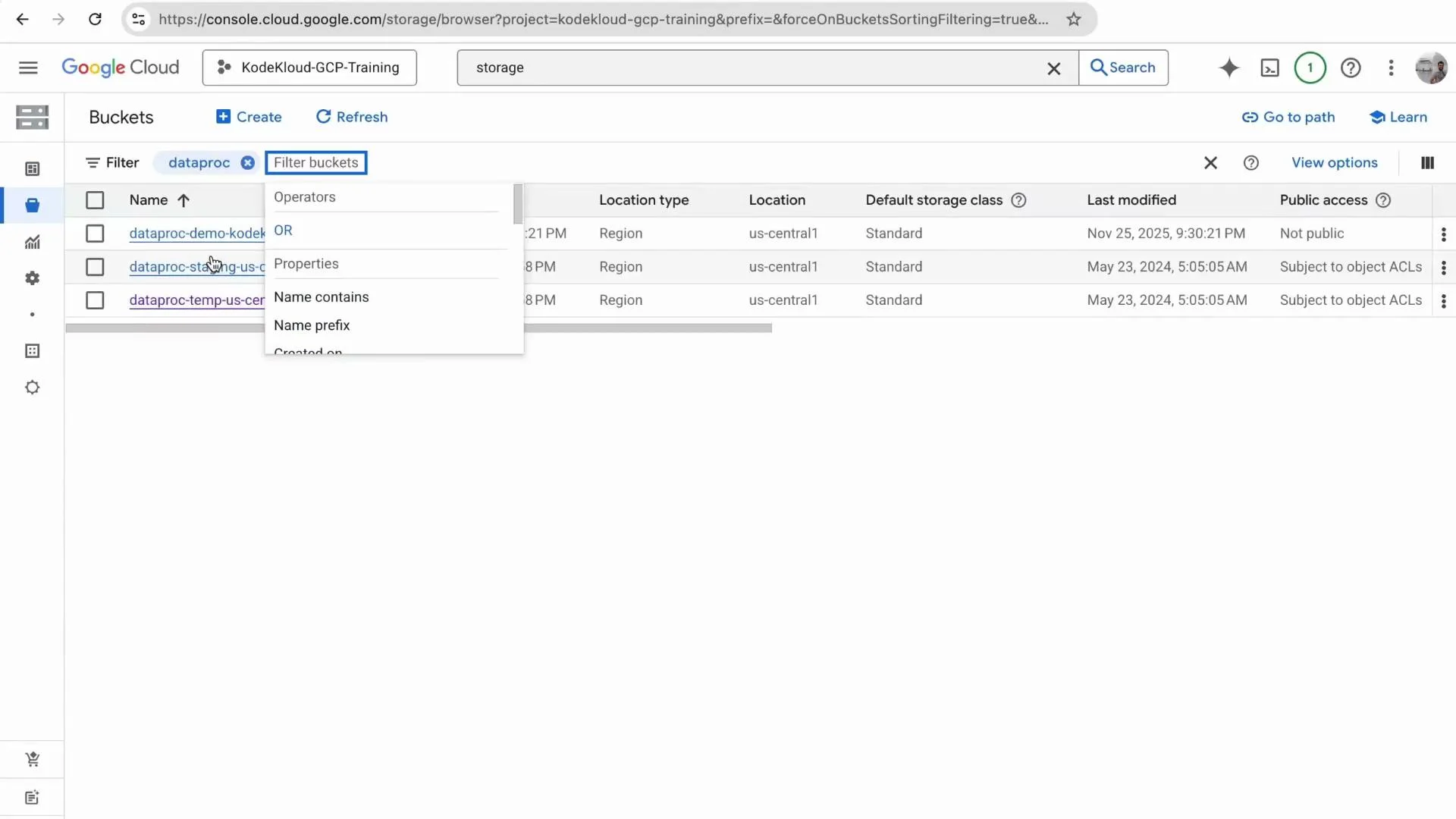 A screenshot of the Google Cloud Console Storage "Buckets" page showing several "dataproc" buckets with a filter dropdown open. Columns for location, default storage class, last modified date, and public access are visible.