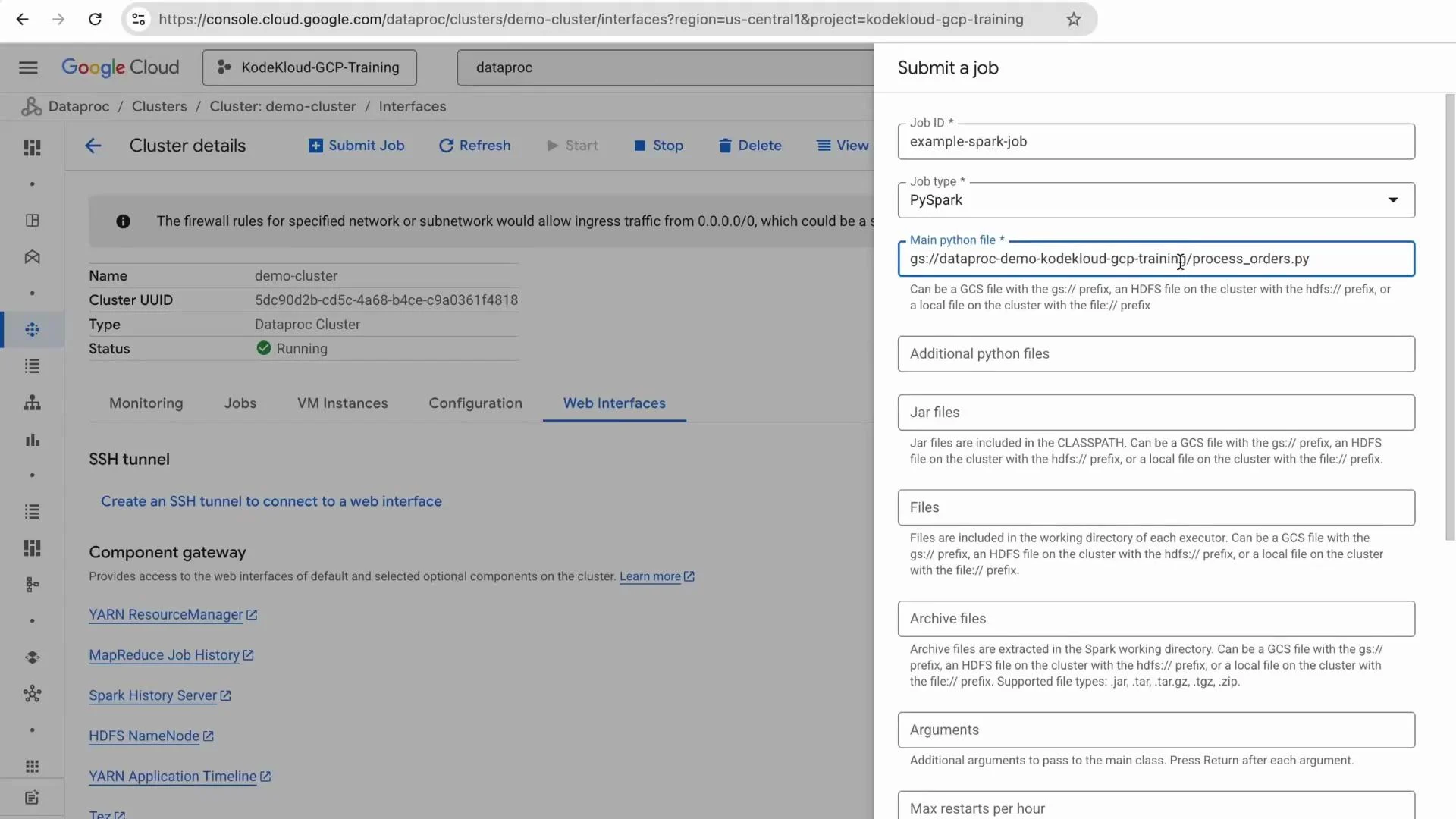 A screenshot of the Google Cloud Console showing Dataproc cluster details on the left and a "Submit a job" form on the right prefilled for a PySpark job (job ID and main Python file path visible). The cluster is named "demo-cluster" and the form includes fields for additional Python files, JARs, and other job options.