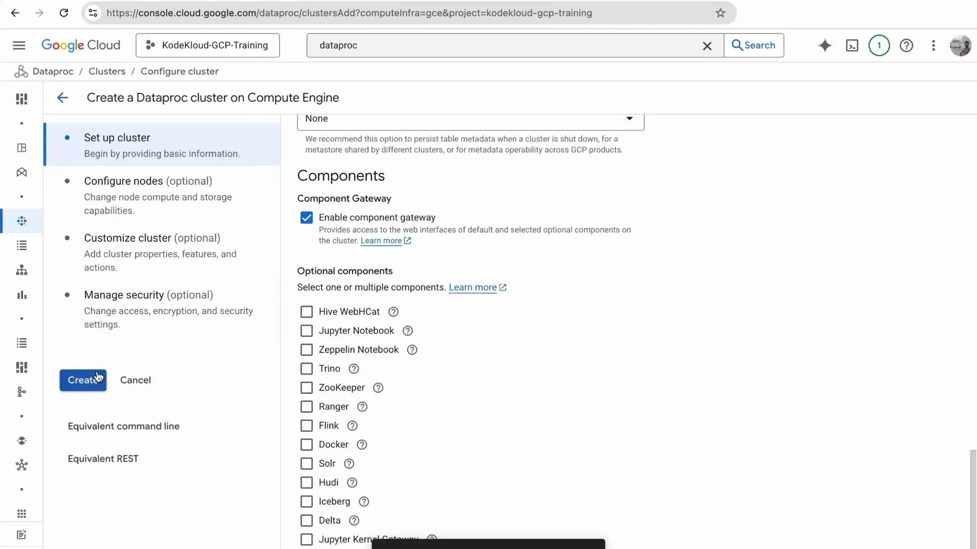 A Google Cloud Console screenshot of the Dataproc "Create a Dataproc cluster on Compute Engine" setup page with the "Set up cluster" step selected. The Components pane shows "Enable component gateway" checked and a list of optional components (Jupyter, Zeppelin, Trino, etc.), with a blue "Create" button on the left.
