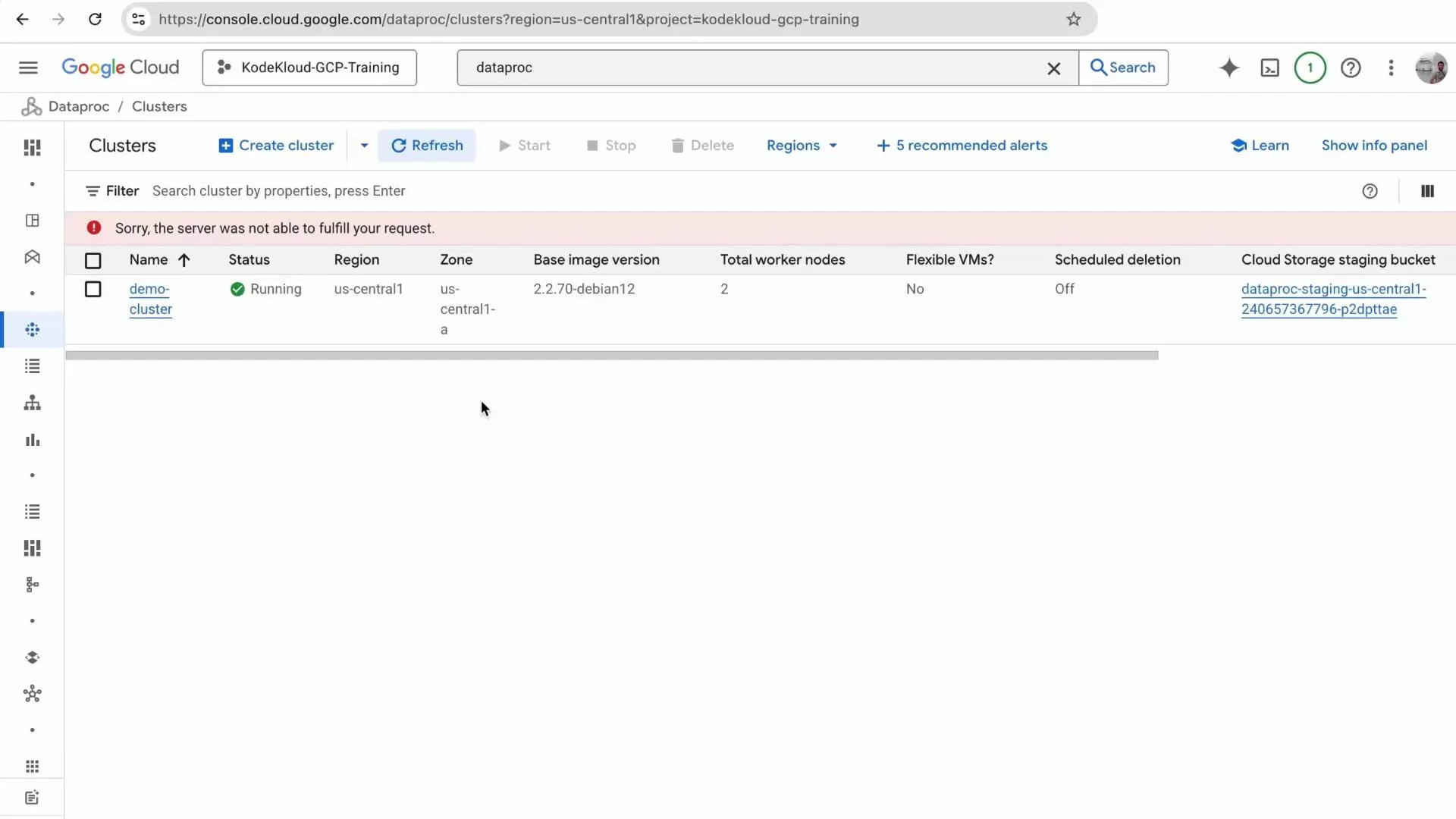 A screenshot of the Google Cloud Console Dataproc "Clusters" page. It shows one demo-cluster listed as Running in us-central1 with an error banner saying "Sorry, the server was not able to fulfill your request."