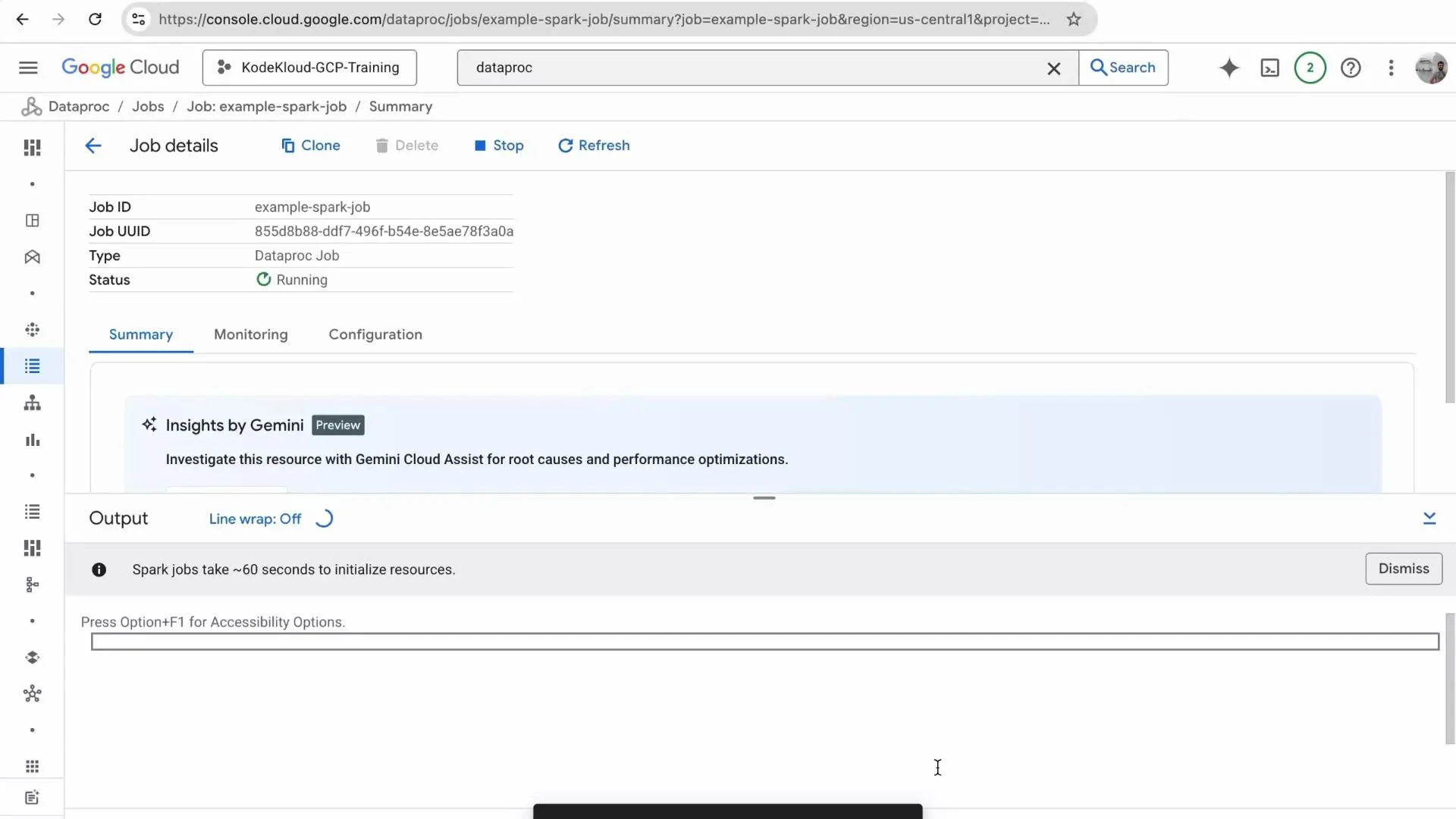 A screenshot of the Google Cloud Console showing a Dataproc job details page for "example-spark-job" with status "Running," an "Insights by Gemini" panel, and an Output area at the bottom.