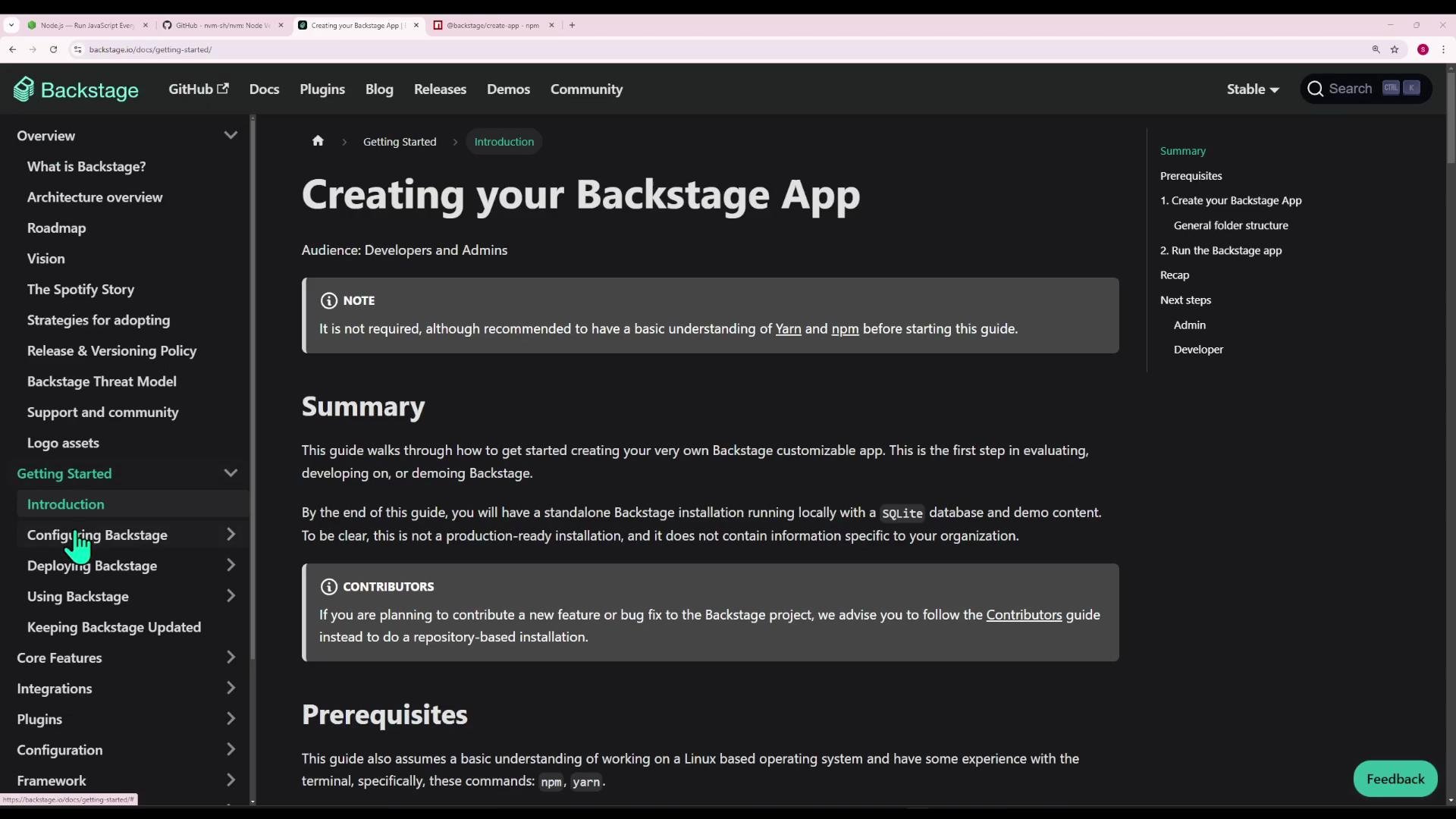 A screenshot of the Backstage documentation page titled "Creating your Backstage App," showing the main article content with note boxes and a "Summary" section. The page includes a left-hand navigation menu and a right-hand table-of-contents panel.