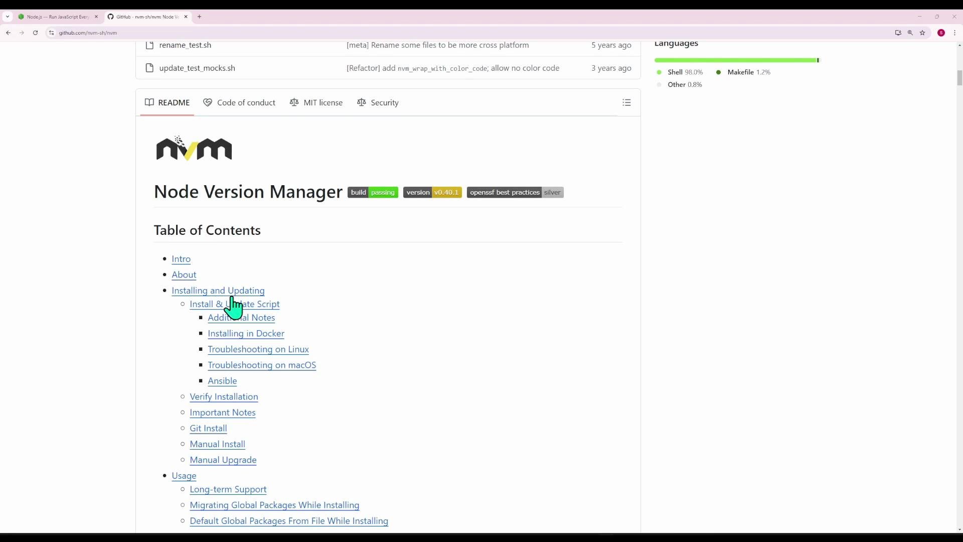 A screenshot of a GitHub README page for "Node Version Manager (nvm)" showing the project header, badges, and a Table of Contents with a mouse cursor hovering over the "Install & Update Script" link. The page layout and repository sidebar are visible in a browser window.