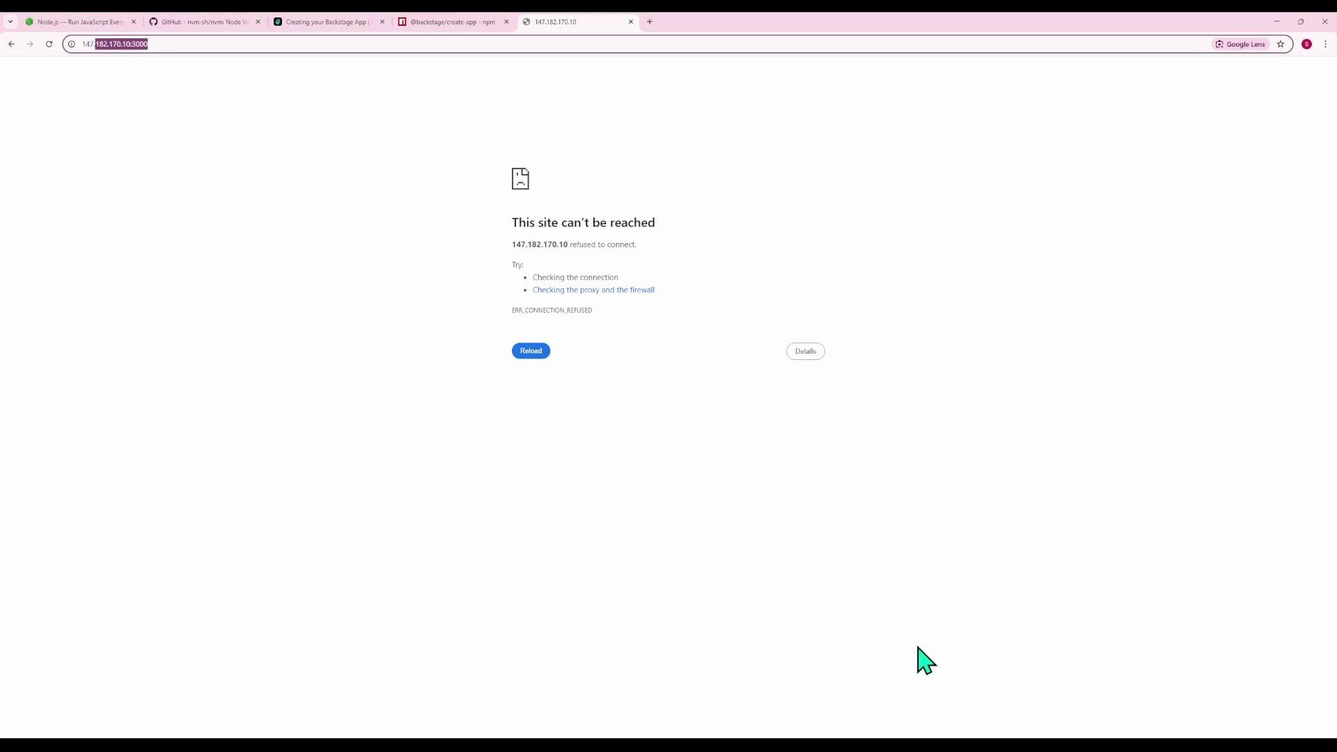 A Chrome browser window displaying a "This site can't be reached" error (147.182.170.10 refused to connect, ERR_CONNECTION_REFUSED) with a reload button and troubleshooting suggestions. The address bar and several tabs are visible at the top and a teal mouse cursor is near the bottom right.
