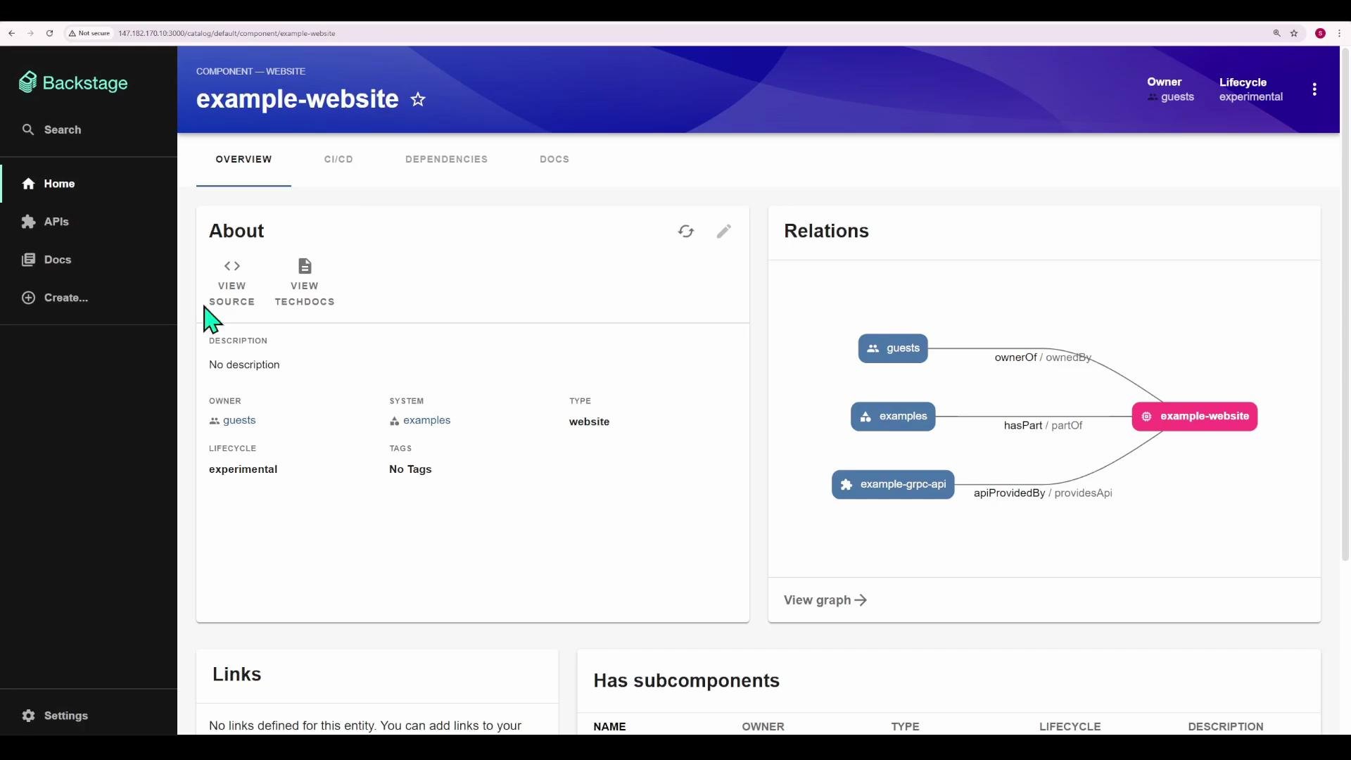 A screenshot of the Backstage web UI showing a component page for "example-website," with an About panel on the left and a Relations graph on the right. The left sidebar shows navigation items like Home, APIs, and Docs.