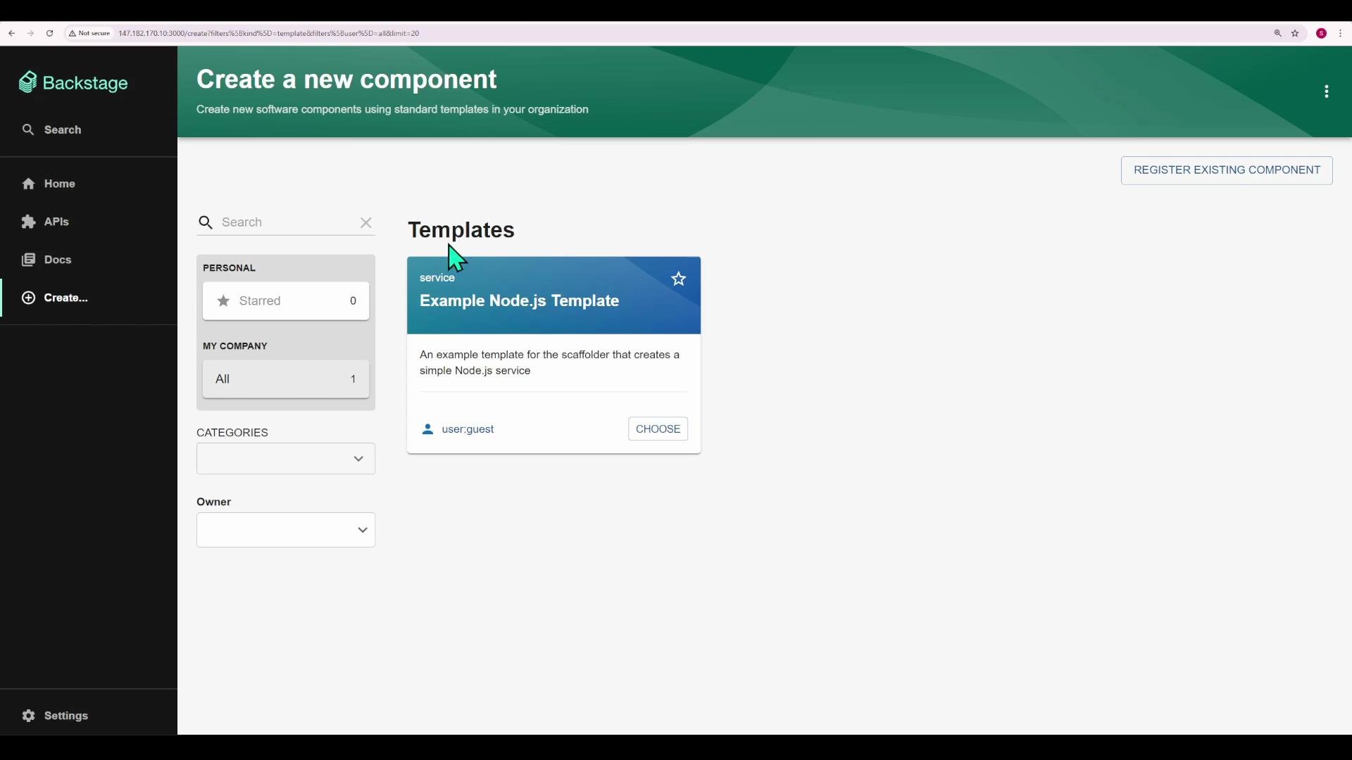 A screenshot of the Backstage web interface on the "Create a new component" page showing a Templates section with an "Example Node.js Template" card. The page also shows a left navigation menu and a "Register Existing Component" button.