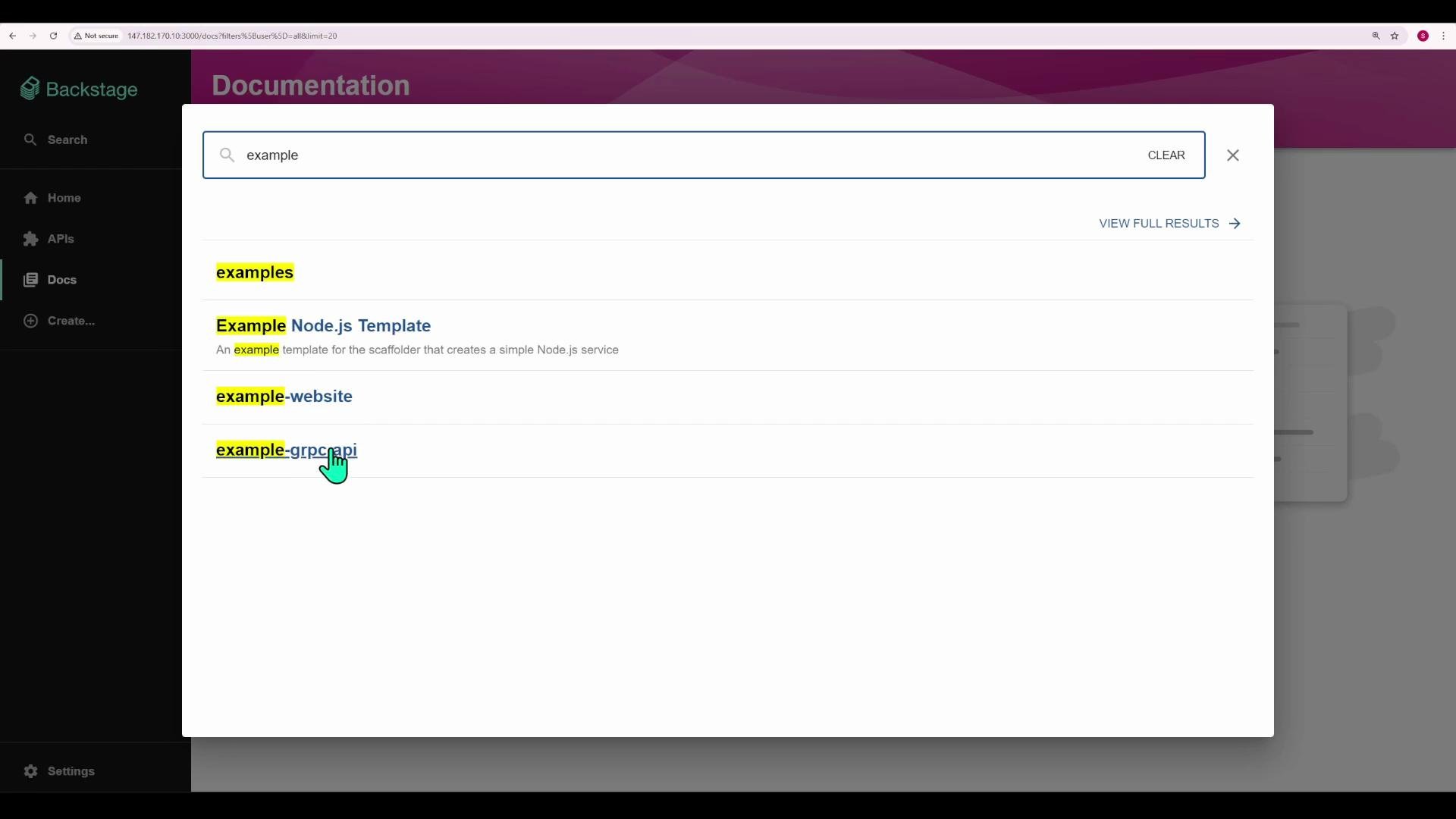 Screenshot of a Backstage documentation search overlay showing results for the query "example" (e.g., "Example Node.js Template", "example-website"). The app has a dark left sidebar with navigation items like Home, APIs, and Docs.