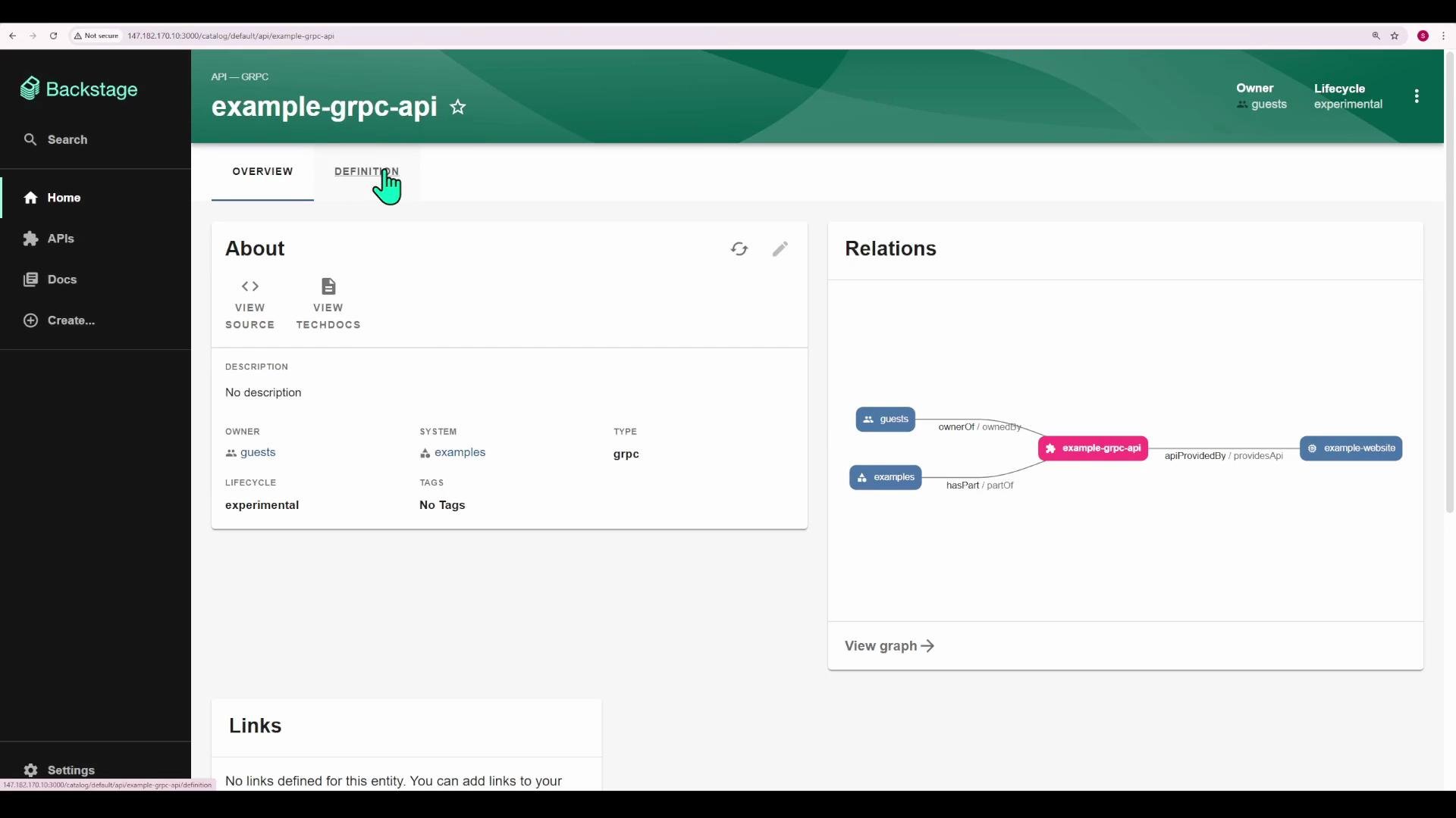 A screenshot of the Backstage web UI displaying an API entity page titled "example-grpc-api." The page shows an About panel with owner/lifecycle details on the left and a Relations graph on the right.