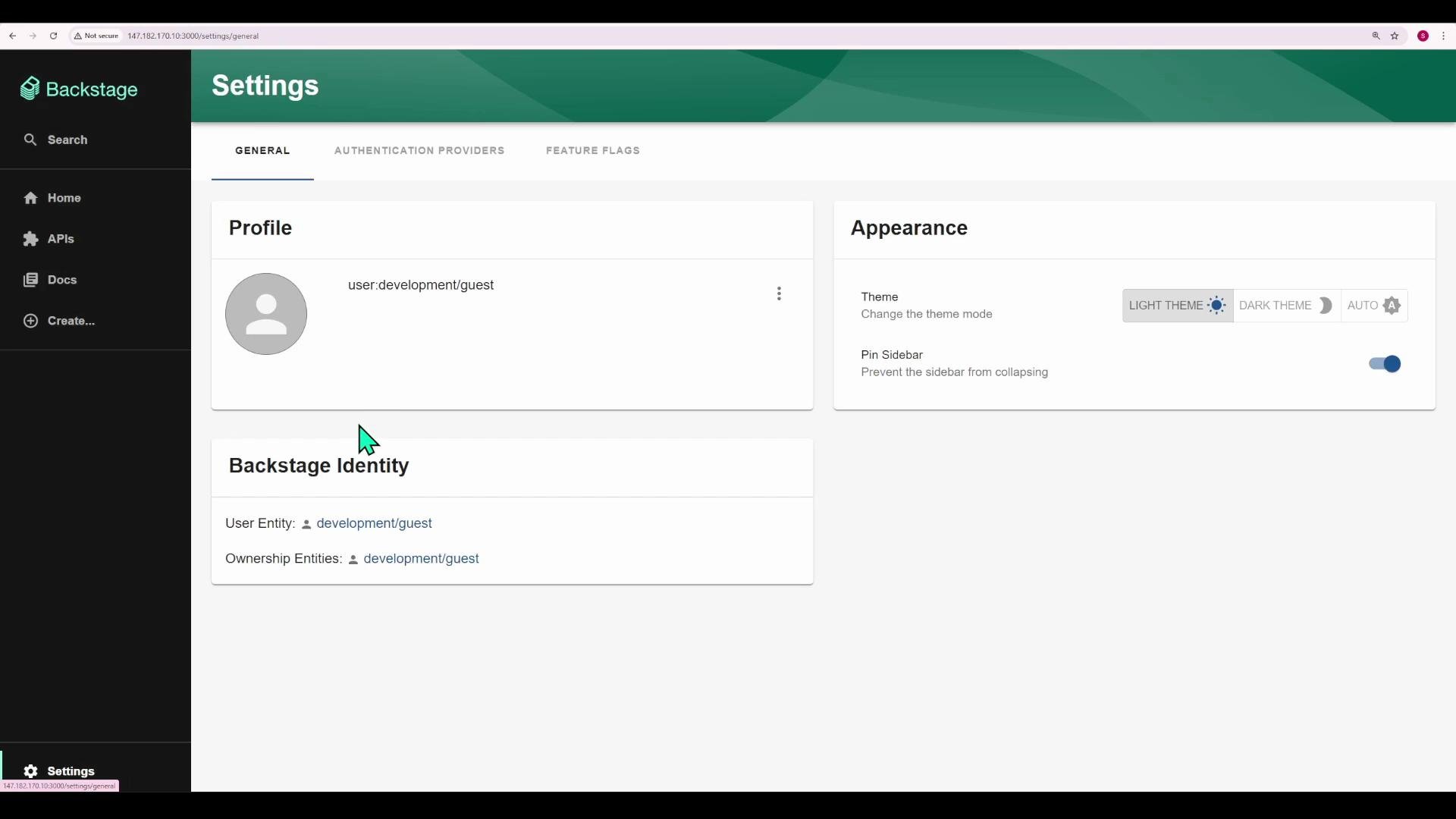 Screenshot of the Backstage web app Settings page, showing a user Profile card and Backstage Identity panel on the left and Appearance options (Light/Dark theme toggle and pin sidebar) on the right, with a dark left navigation menu.