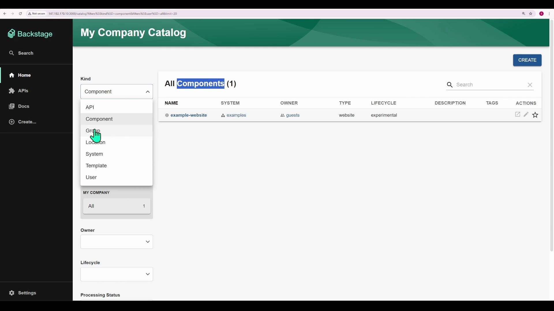 A web application dashboard titled "My Company Catalog" with a left sidebar menu and a filter dropdown set to "Component." The main pane shows an "All Components (1)" list containing one item named "example-website."