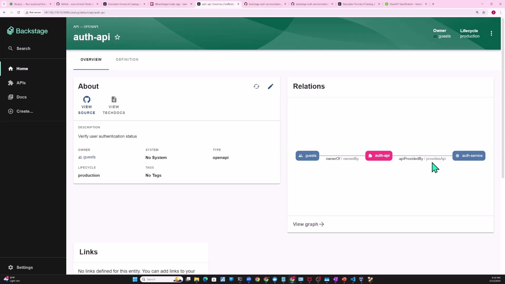 A screenshot of the Backstage web UI showing an "auth-api" API overview page with an About panel on the left. On the right is a Relations graph linking "guests" → "auth-api" → "auth-service."