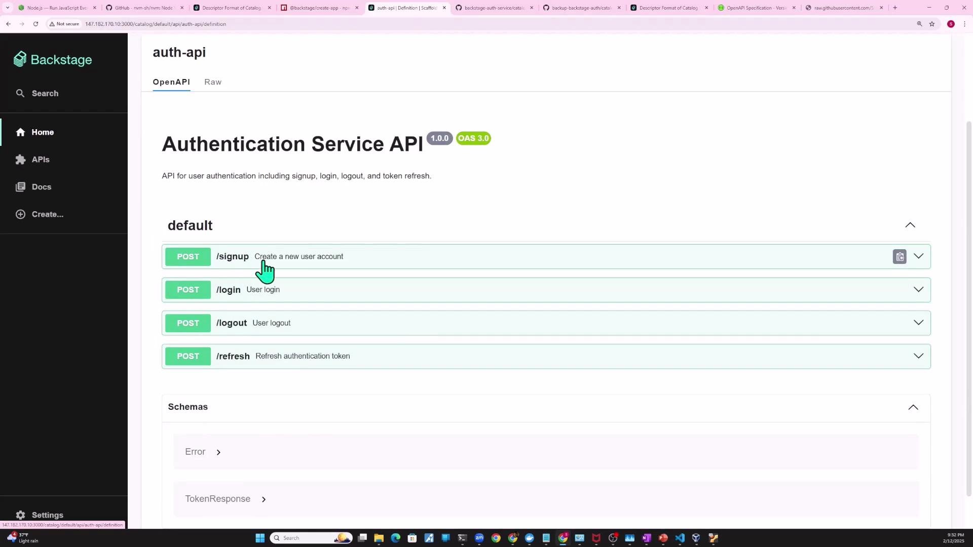 A screenshot of a Backstage OpenAPI docs page titled "Authentication Service API" showing POST endpoints like /signup, /login, /logout, and /refresh. The Backstage sidebar with navigation (Home, APIs, Docs) is visible on the left.