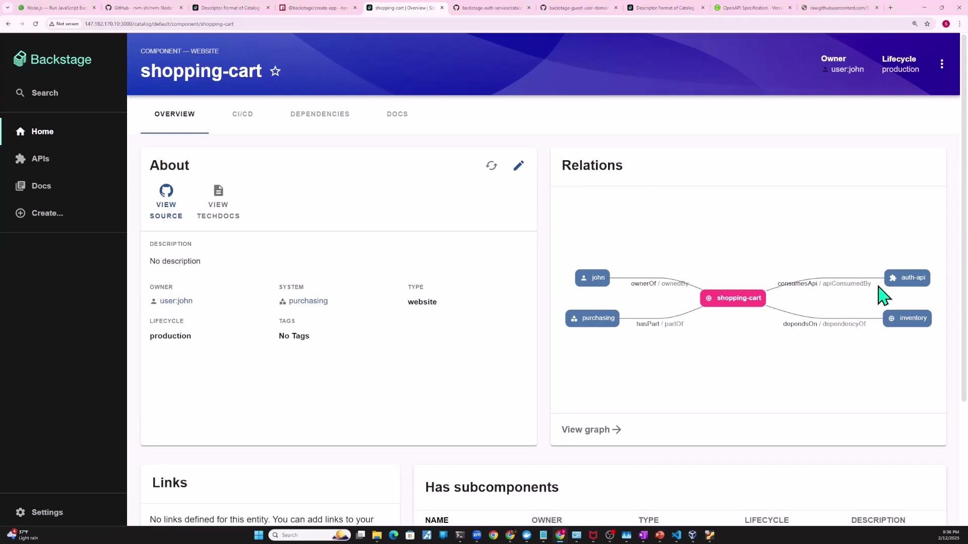A screenshot of the Backstage web UI showing a "shopping-cart" component page with an Overview/About panel on the left and a Relations graph on the right. The page includes navigation on the left and tabs like CI/CD, Dependencies, and Docs across the top.