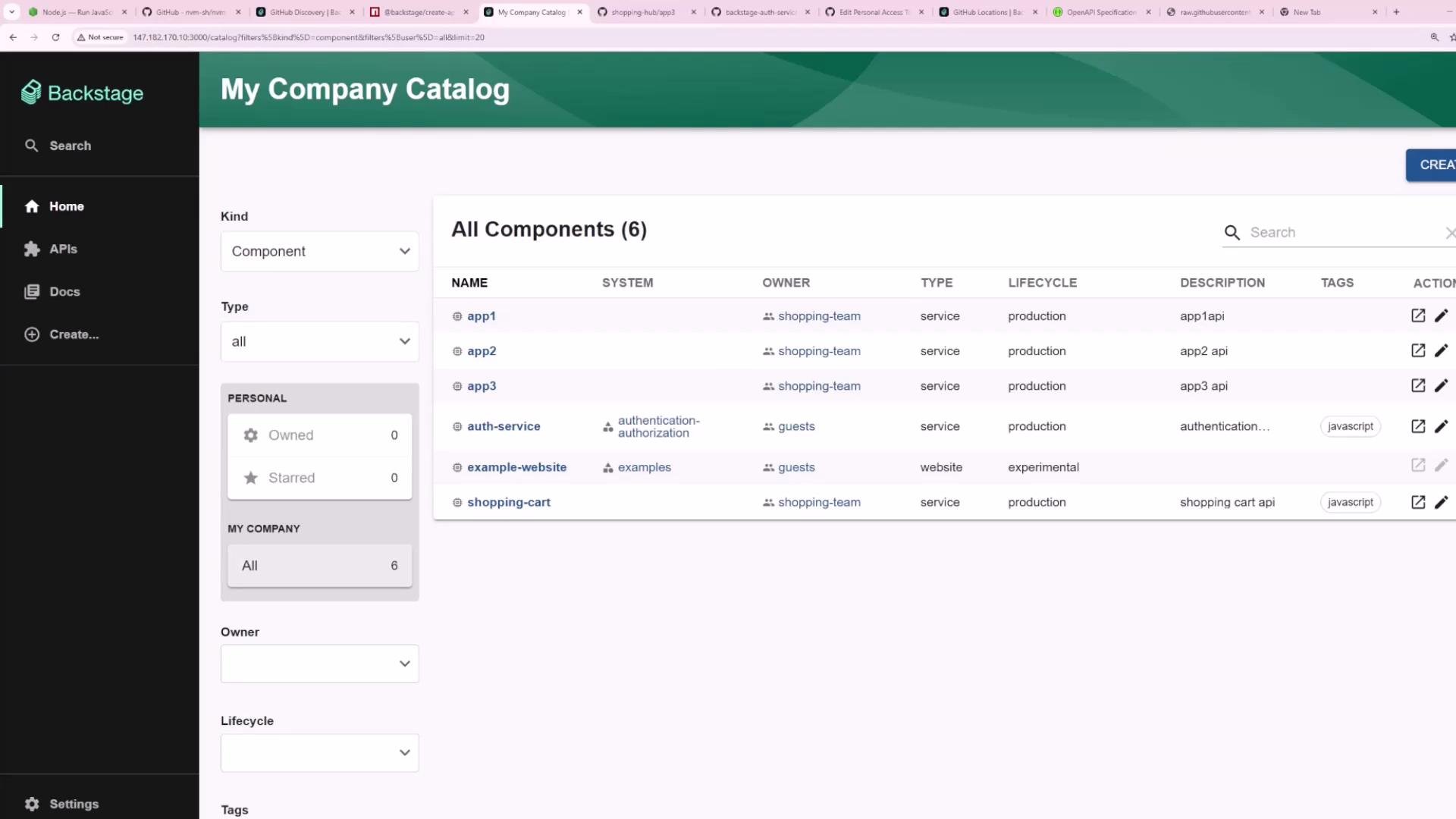 Screenshot of the Backstage "My Company Catalog" web interface showing a left-hand filter menu and a main table listing components (app1, app2, app3, auth-service, example-website, shopping-cart) with owners, types, lifecycles and actions.