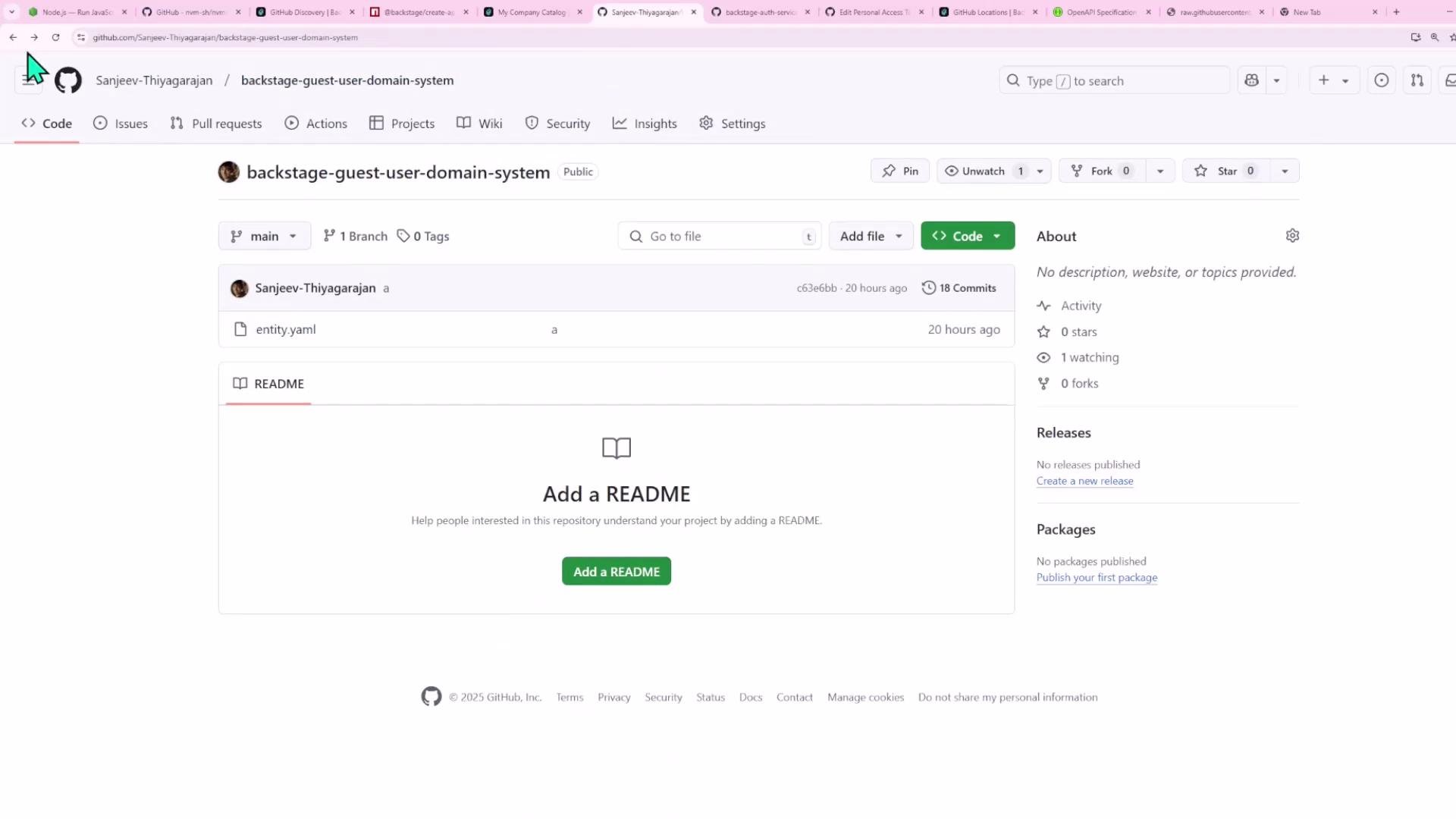 A screenshot of a GitHub repository page for "backstage-guest-user-domain-system" showing the main branch, a file named entity.yaml, and a big prompt to "Add a README." The right sidebar shows basic repo details like activity, watchers, and releases.