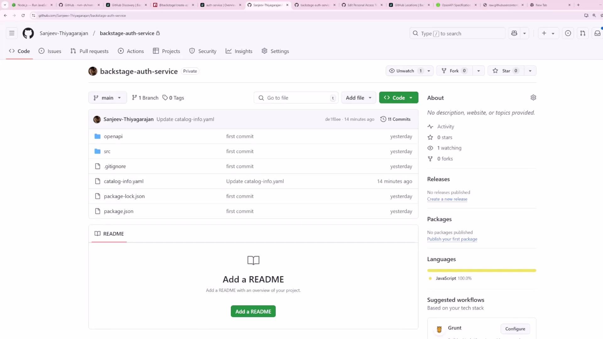 Screenshot of a GitHub repository page for a private repo named "backstage-auth-service," showing the file list (folders like openapi and src, and files such as .gitignore and catalog-info.yaml) and a prompt to add a README. The right sidebar displays repo activity and language/statistics.